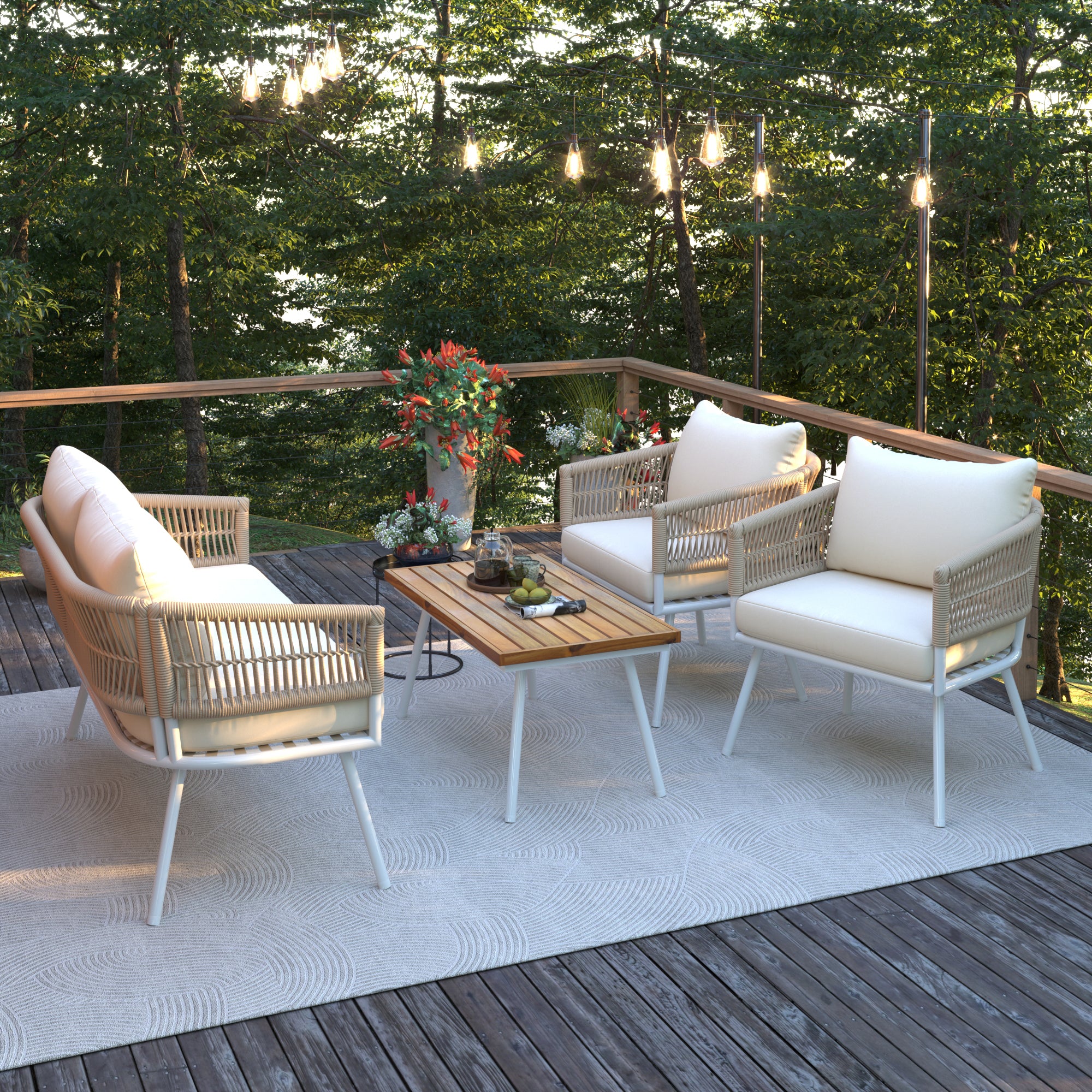 4-Piece Boho Rope Patio Conversation Set with Beige Cushions and Acacia Wood Table