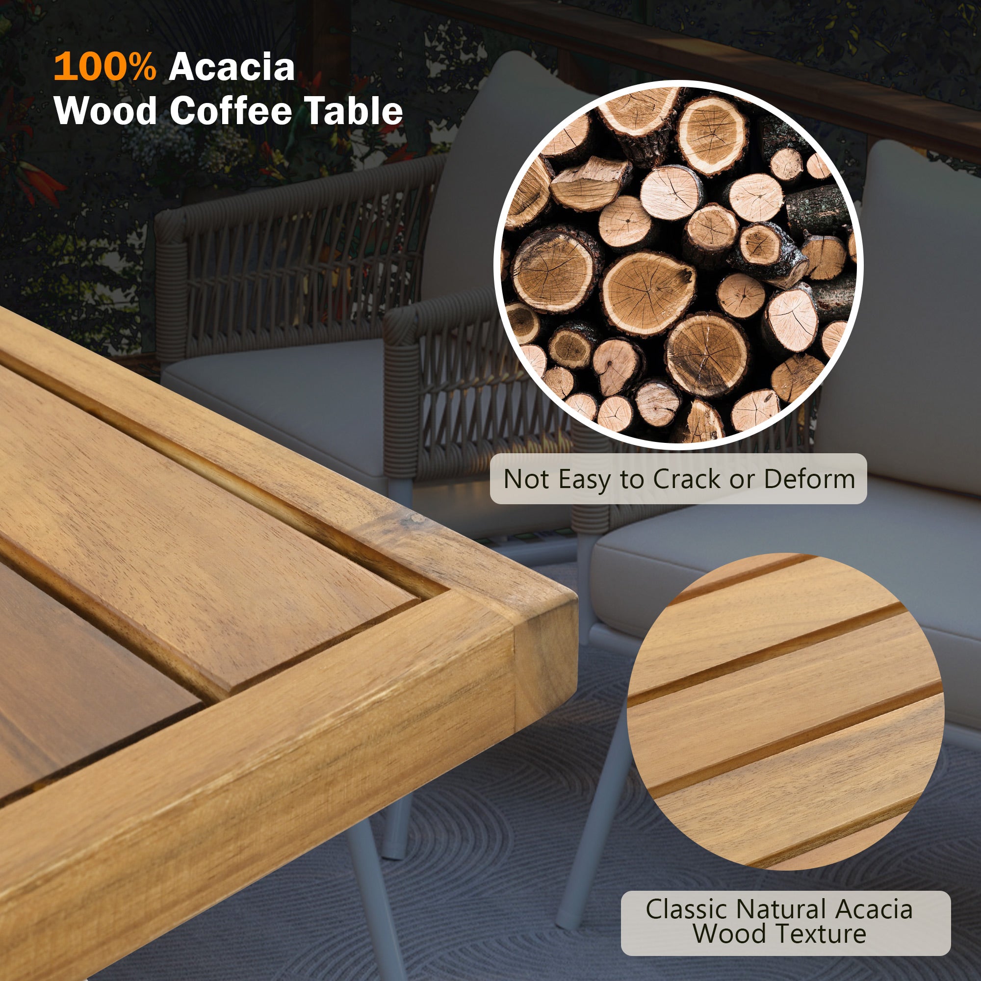 4-Piece Boho Rope Patio Conversation Set with Beige Cushions and Acacia Wood Table