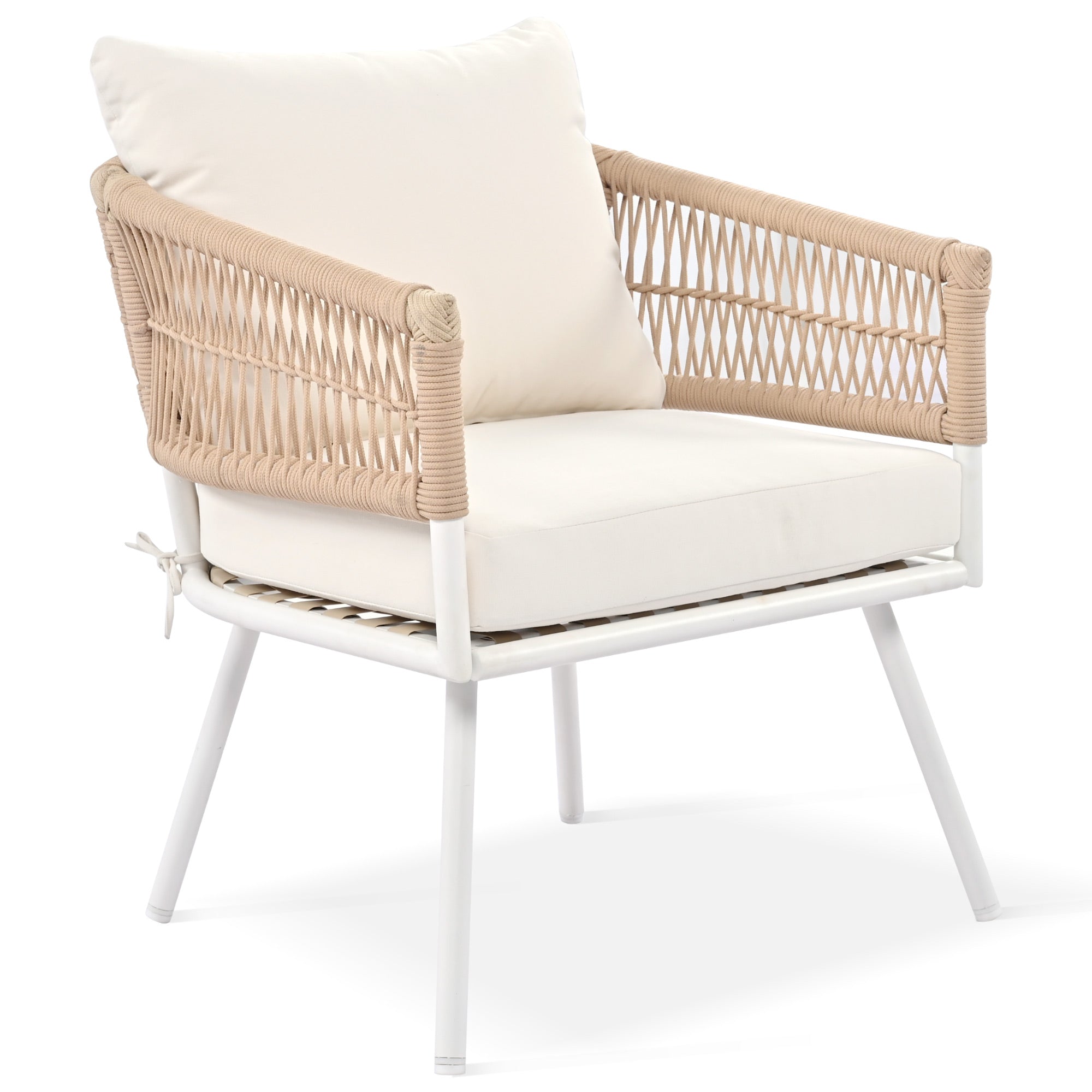 4-Piece Boho Rope Patio Conversation Set with Beige Cushions and Acacia Wood Table