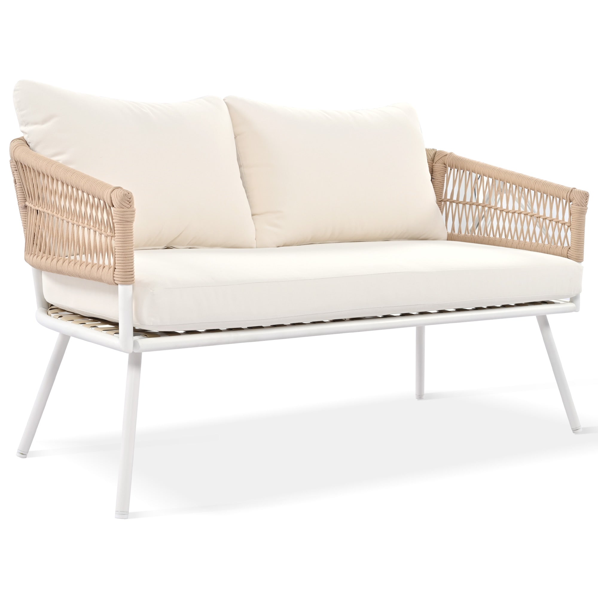 4-Piece Boho Rope Patio Conversation Set with Beige Cushions and Acacia Wood Table