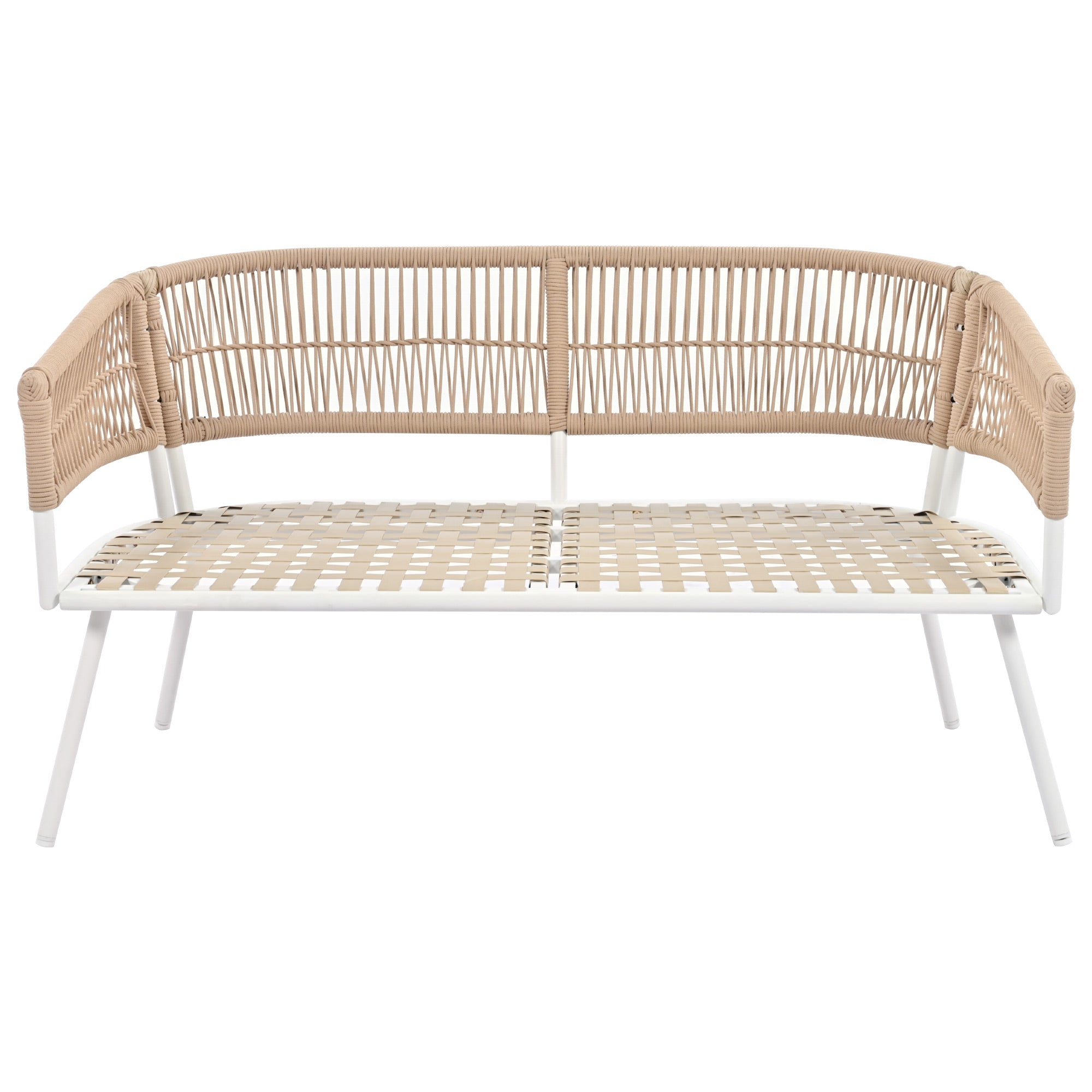 4-Piece Boho Rope Patio Conversation Set with Beige Cushions and Acacia Wood Table
