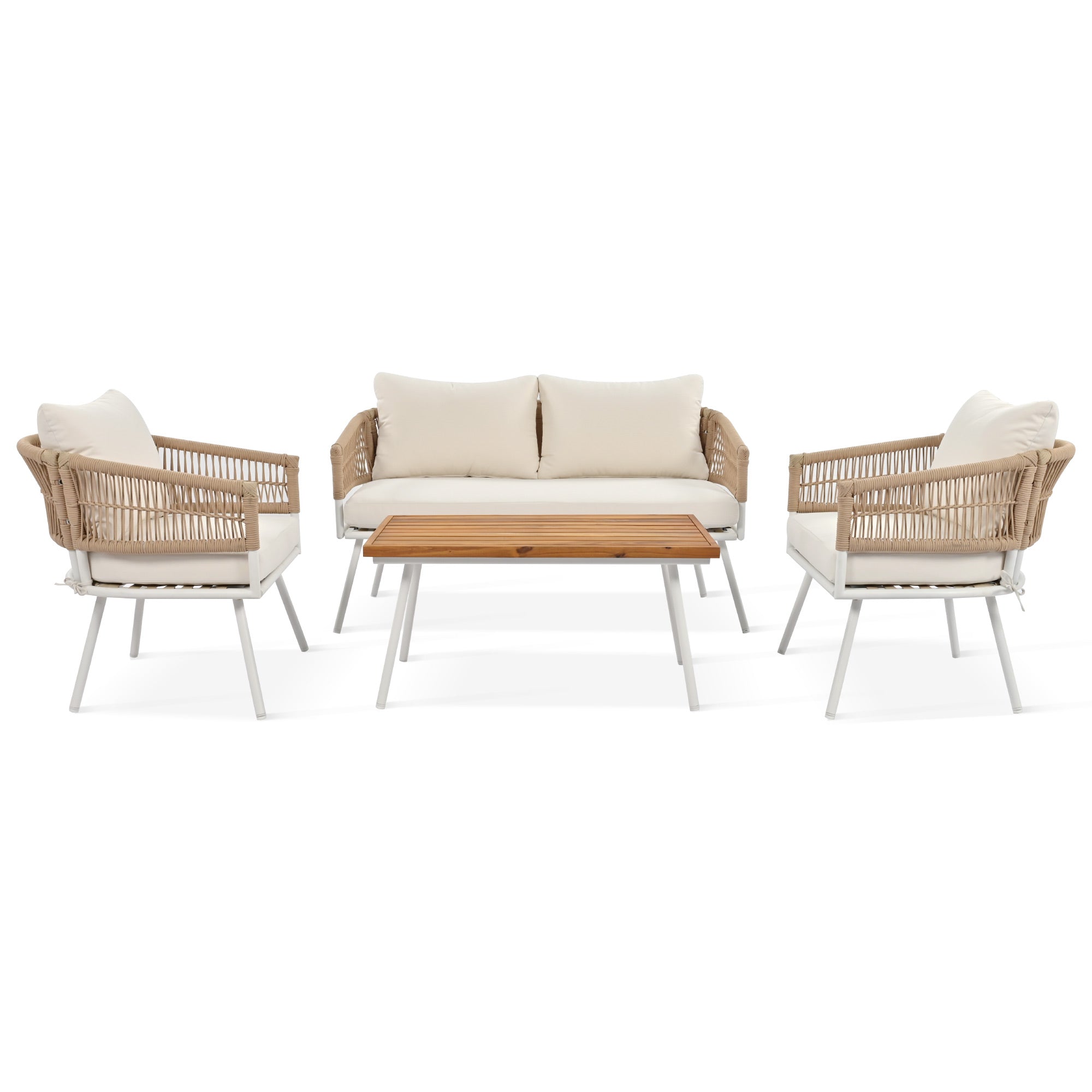 4-Piece Boho Rope Patio Conversation Set with Beige Cushions and Acacia Wood Table
