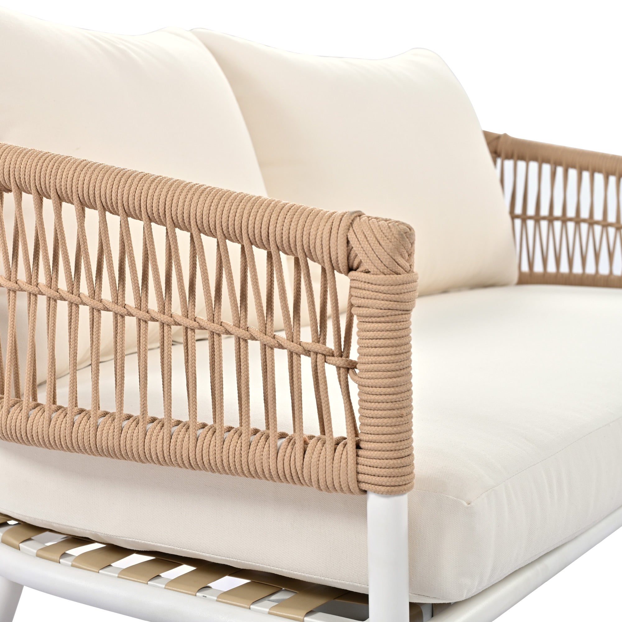 4-Piece Boho Rope Patio Conversation Set with Beige Cushions and Acacia Wood Table