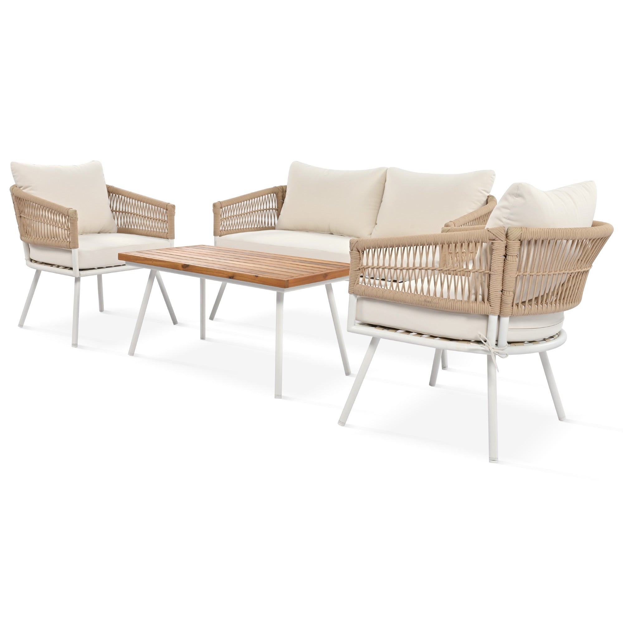 4-Piece Boho Rope Patio Conversation Set with Beige Cushions and Acacia Wood Table