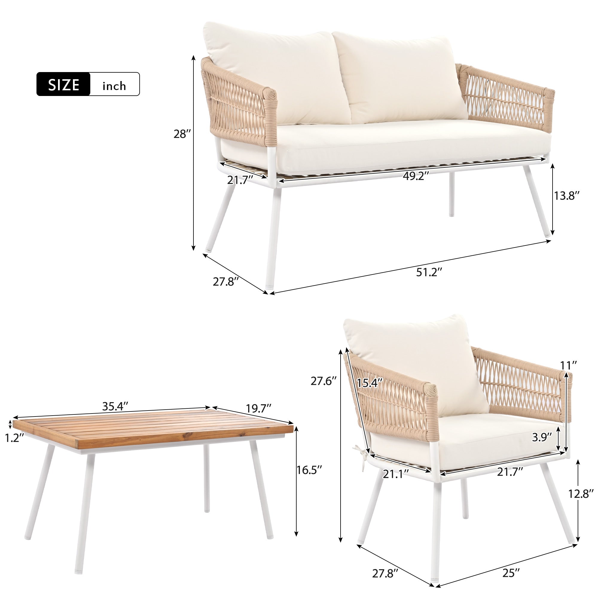 4-Piece Boho Rope Patio Conversation Set with Beige Cushions and Acacia Wood Table