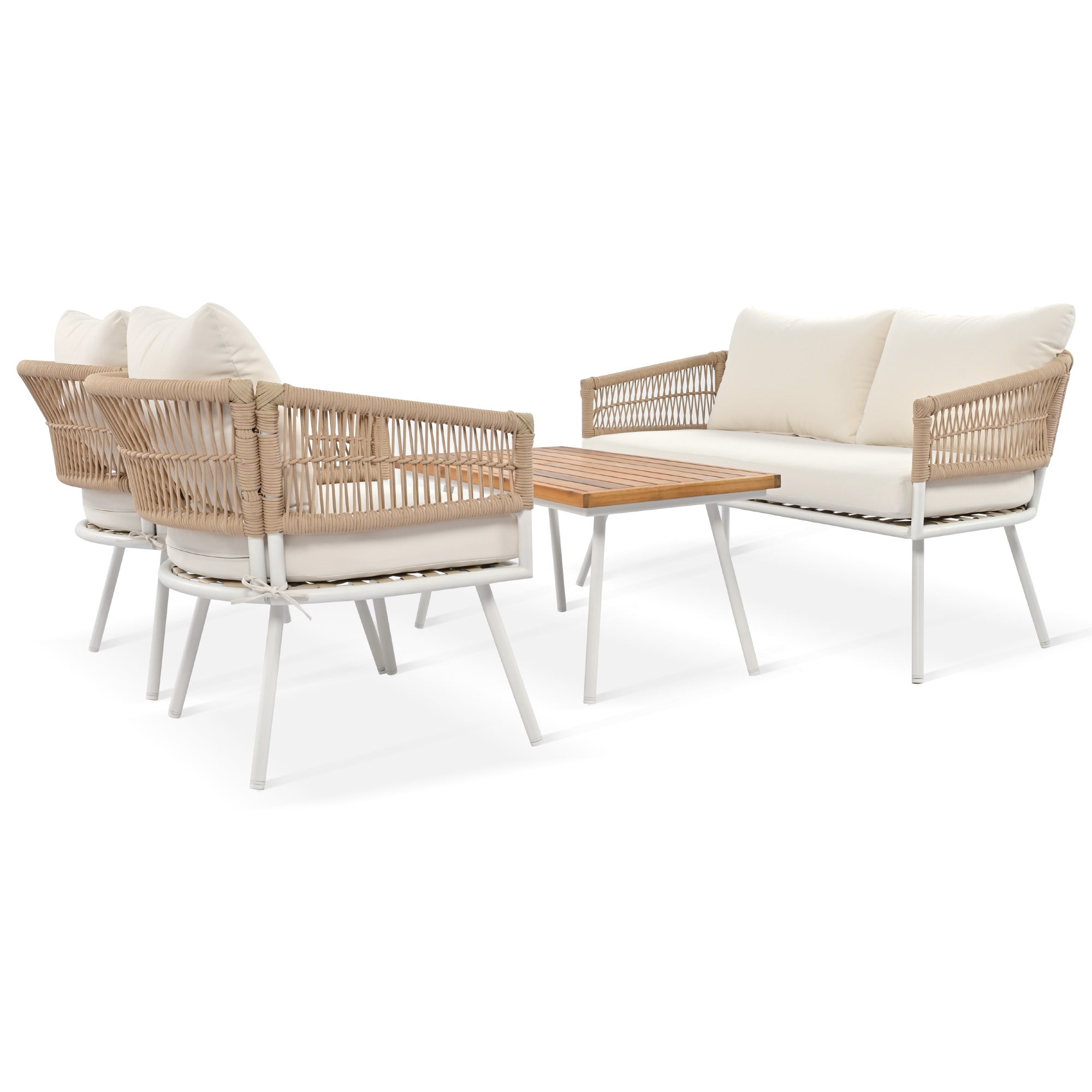 4-Piece Boho Rope Patio Conversation Set with Beige Cushions and Acacia Wood Table