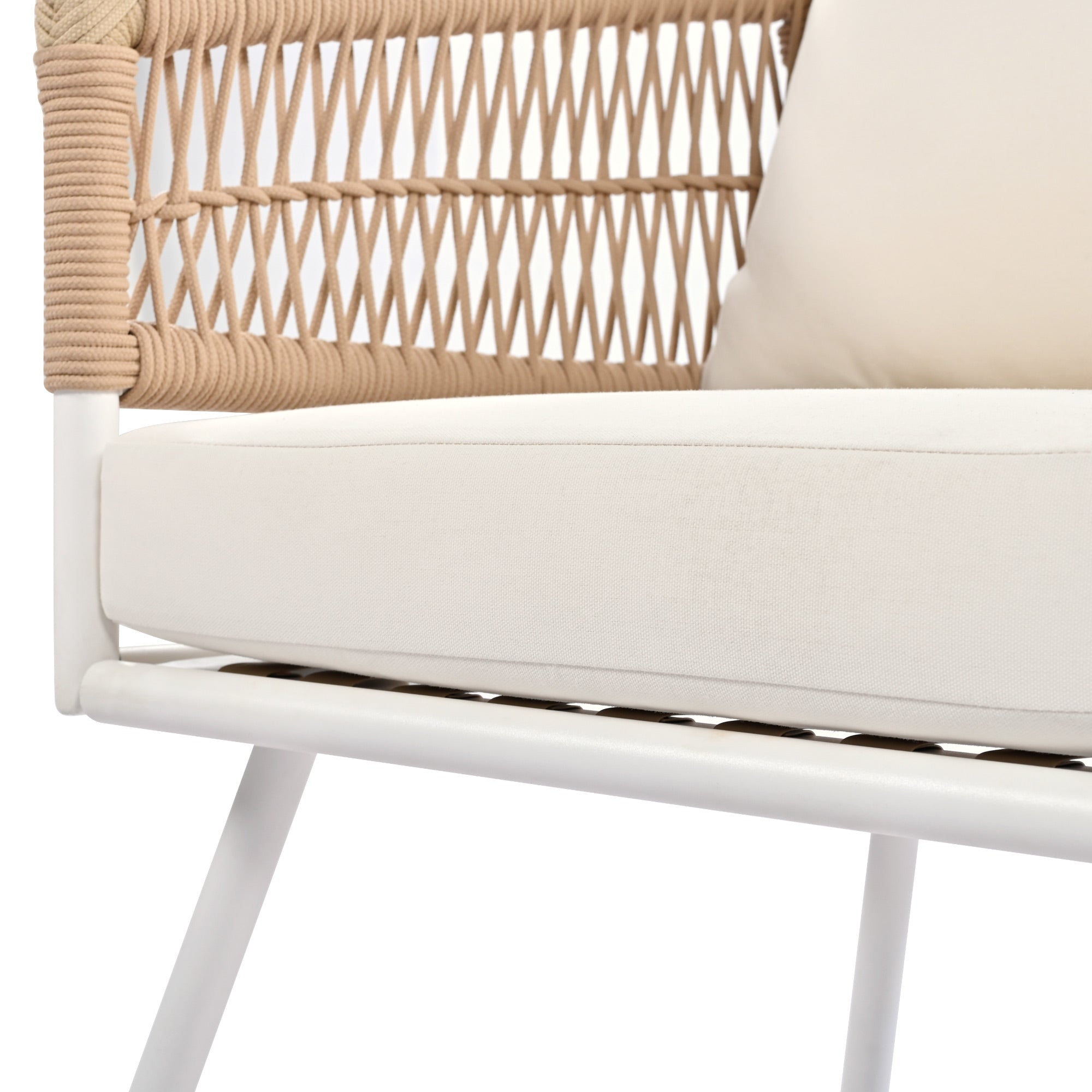 4-Piece Boho Rope Patio Conversation Set with Beige Cushions and Acacia Wood Table