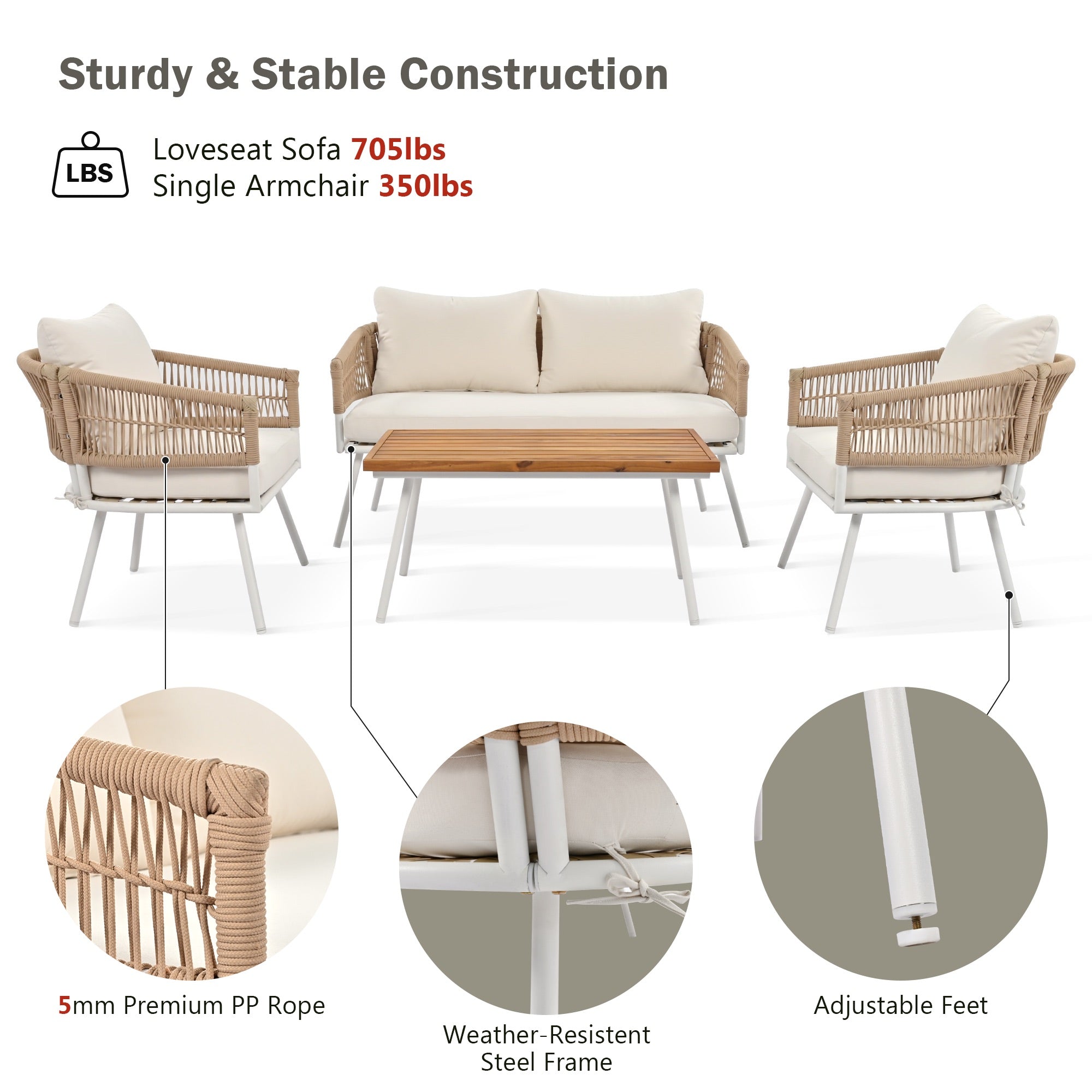 4-Piece Boho Rope Patio Conversation Set with Beige Cushions and Acacia Wood Table