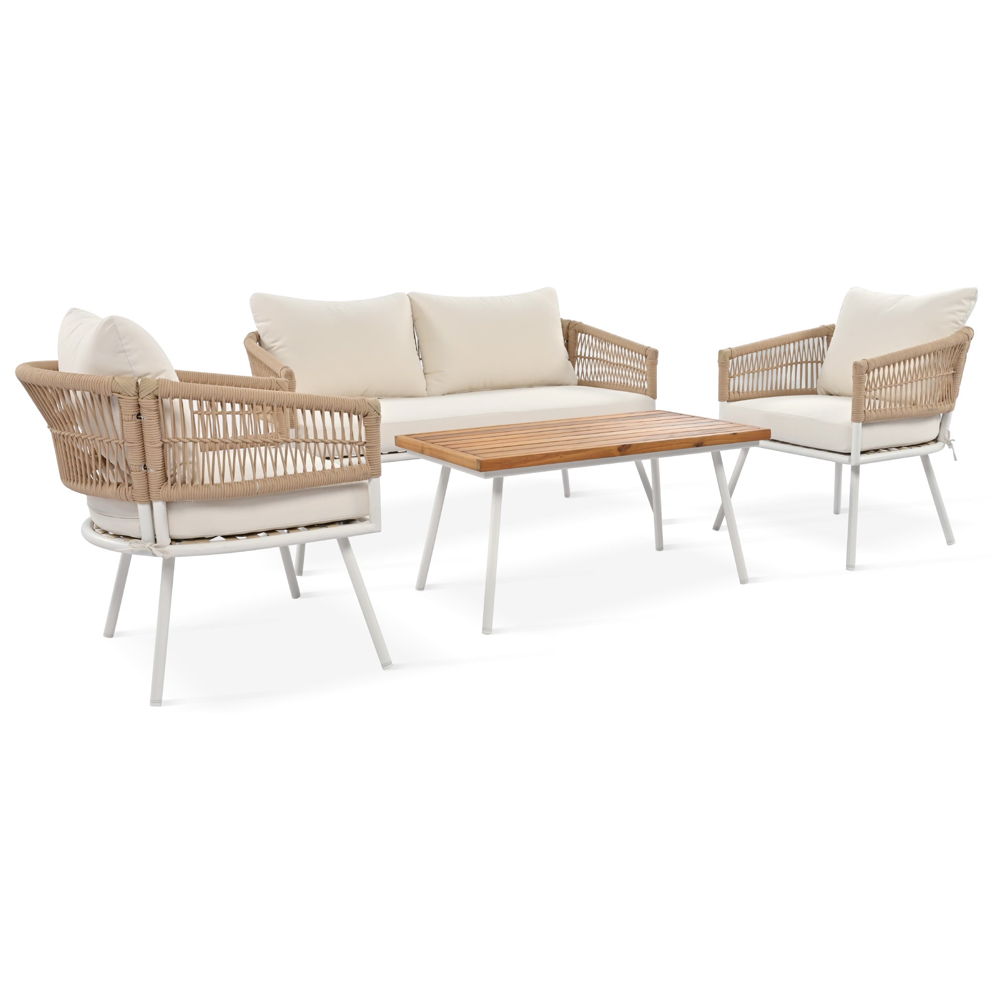 4-Piece Boho Rope Patio Conversation Set with Beige Cushions and Acacia Wood Table