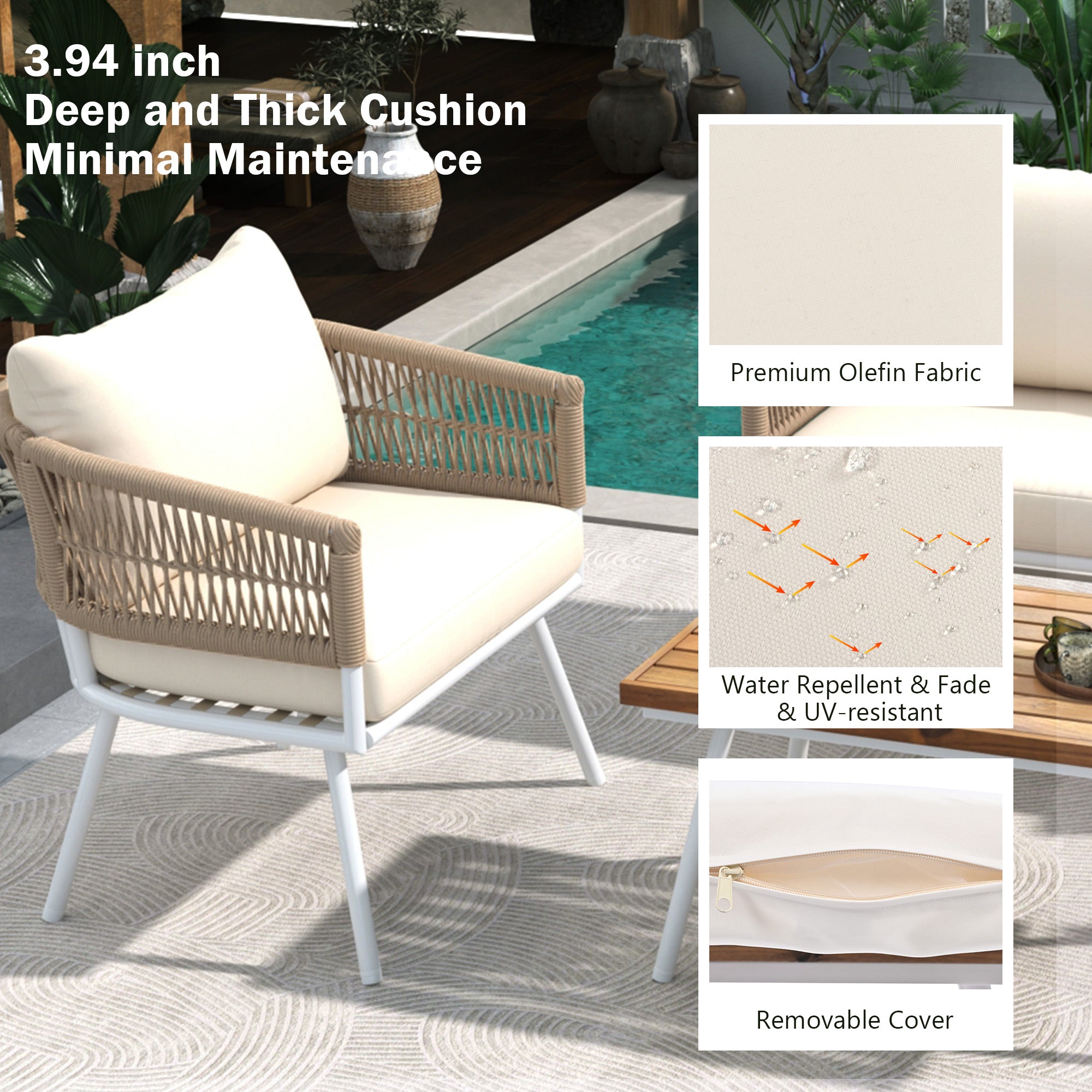 4-Piece Boho Rope Patio Conversation Set with Beige Cushions and Acacia Wood Table