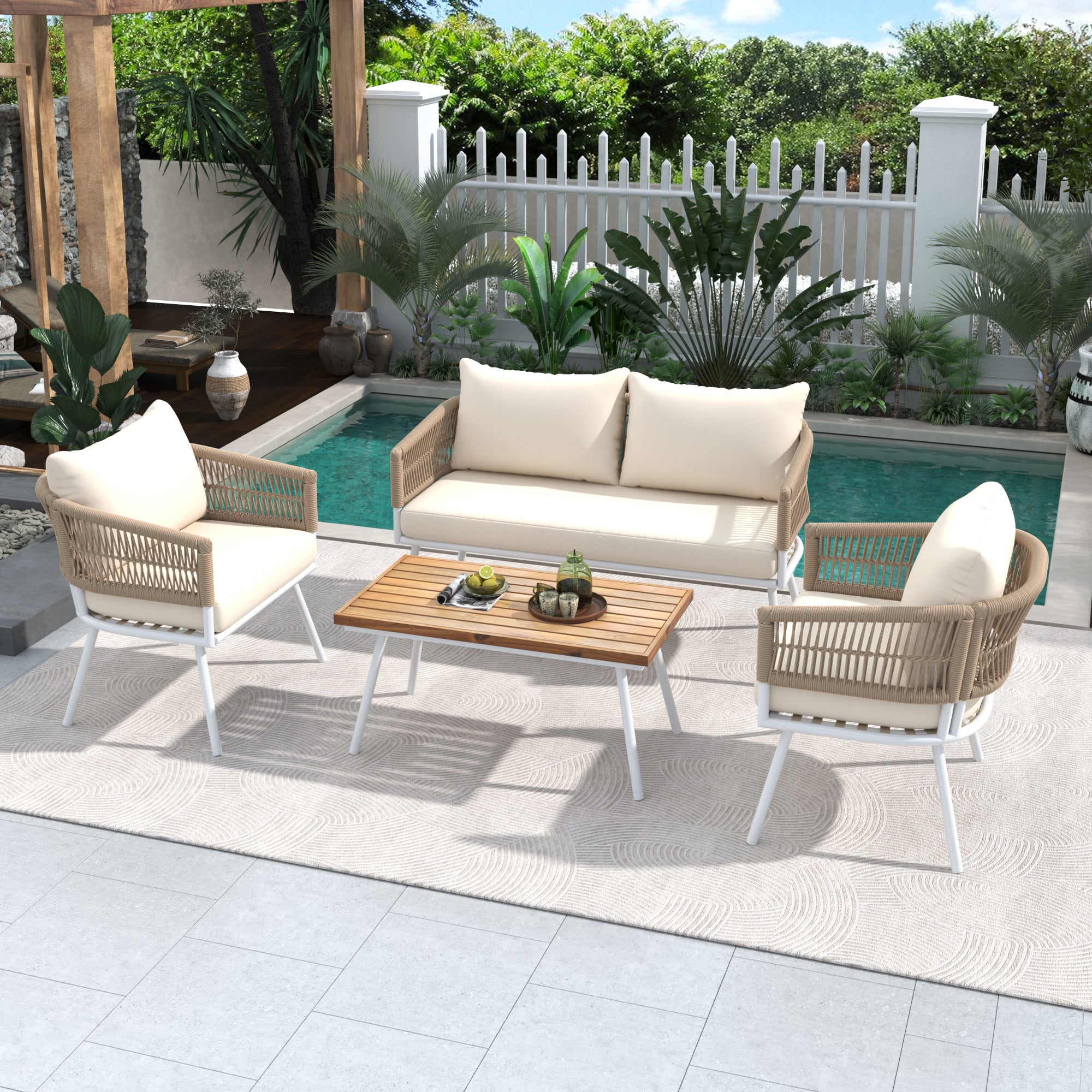4-Piece Boho Rope Patio Conversation Set with Beige Cushions and Acacia Wood Table