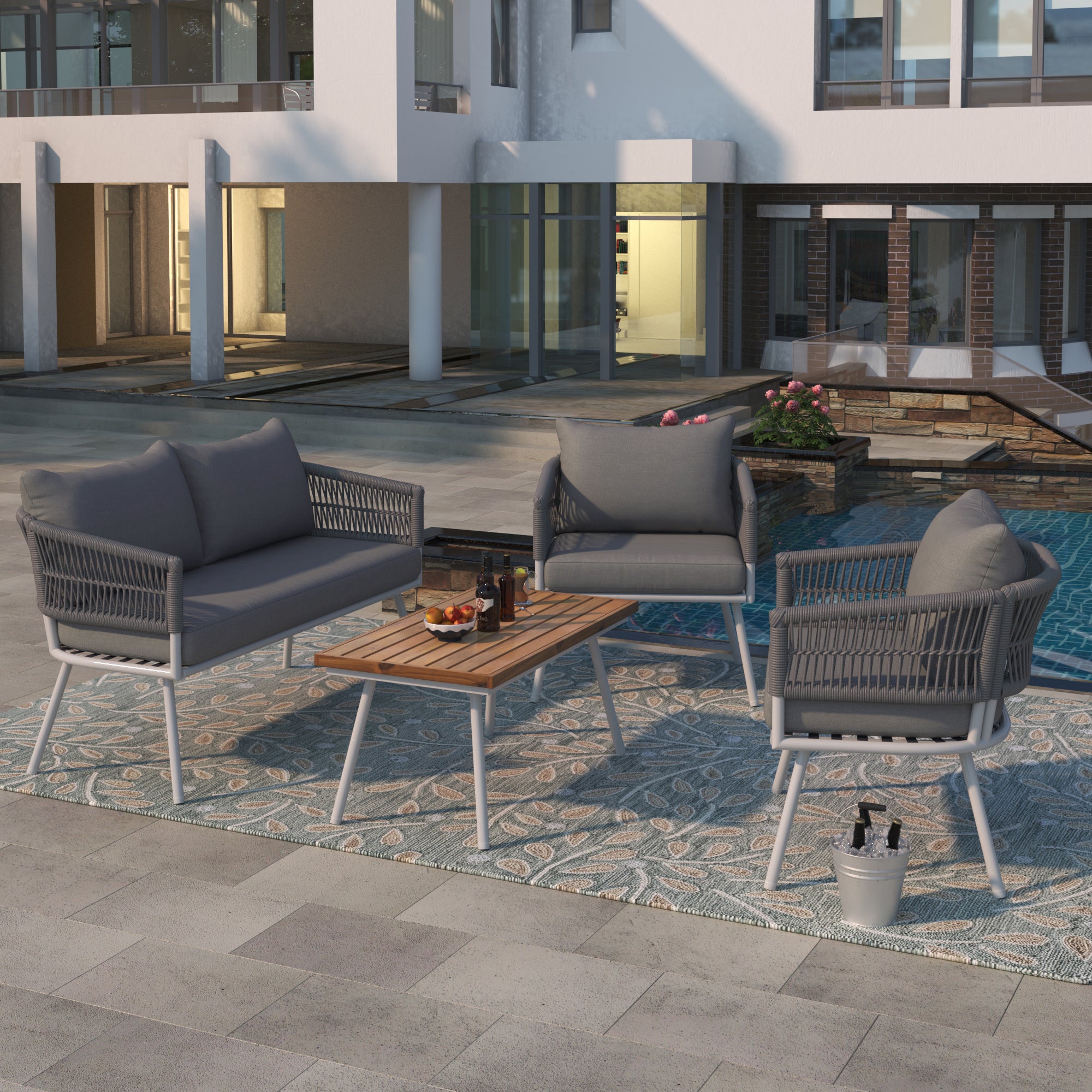 4-Piece Boho Rope Patio Conversation Set with Beige Cushions and Acacia Wood Table