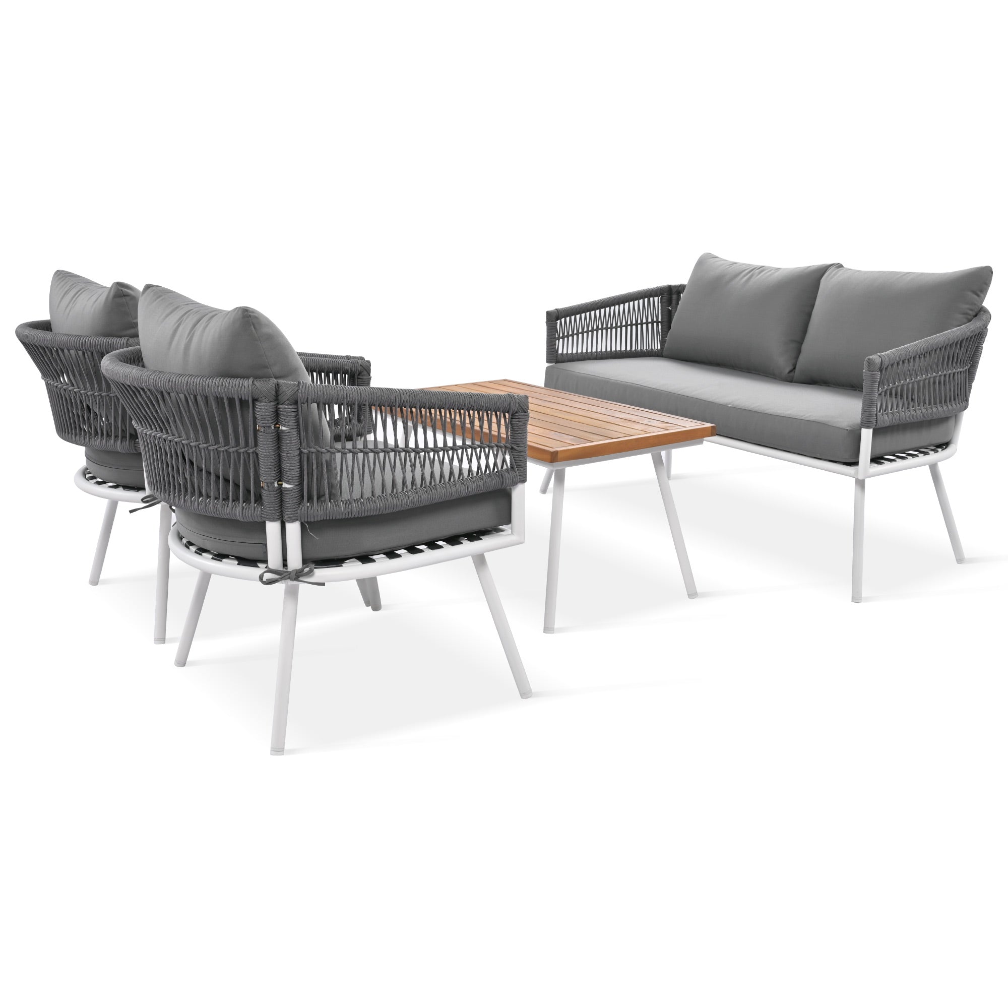 4-Piece Boho Rope Patio Conversation Set with Beige Cushions and Acacia Wood Table
