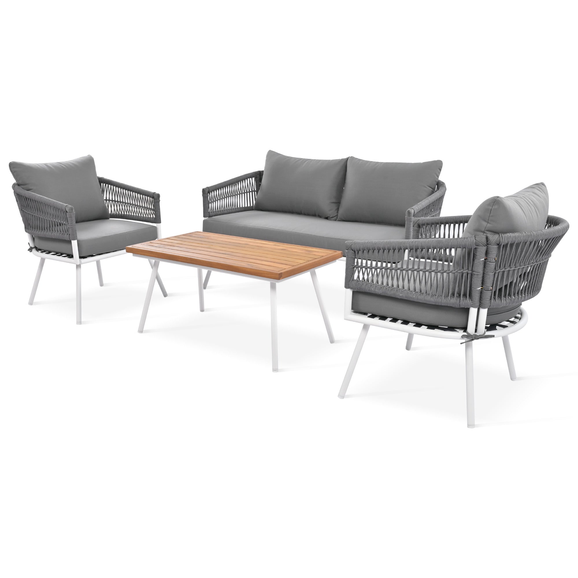 4-Piece Boho Rope Patio Conversation Set with Beige Cushions and Acacia Wood Table
