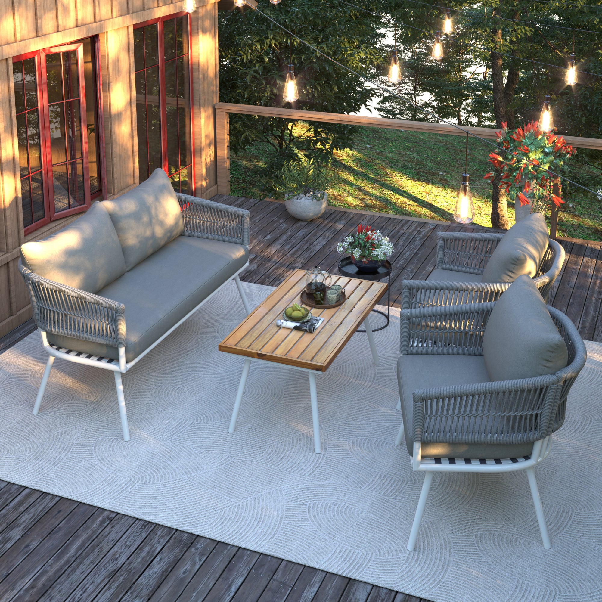 4-Piece Boho Rope Patio Conversation Set with Beige Cushions and Acacia Wood Table
