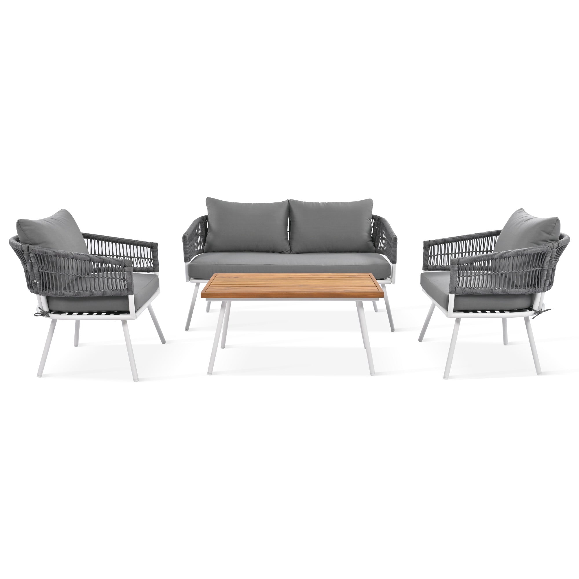 4-Piece Boho Rope Patio Conversation Set with Beige Cushions and Acacia Wood Table