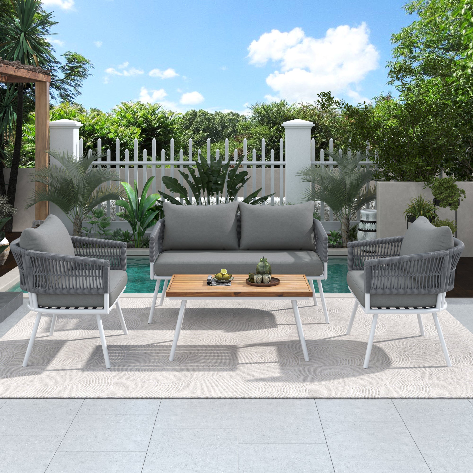 4-Piece Boho Rope Patio Conversation Set with Beige Cushions and Acacia Wood Table