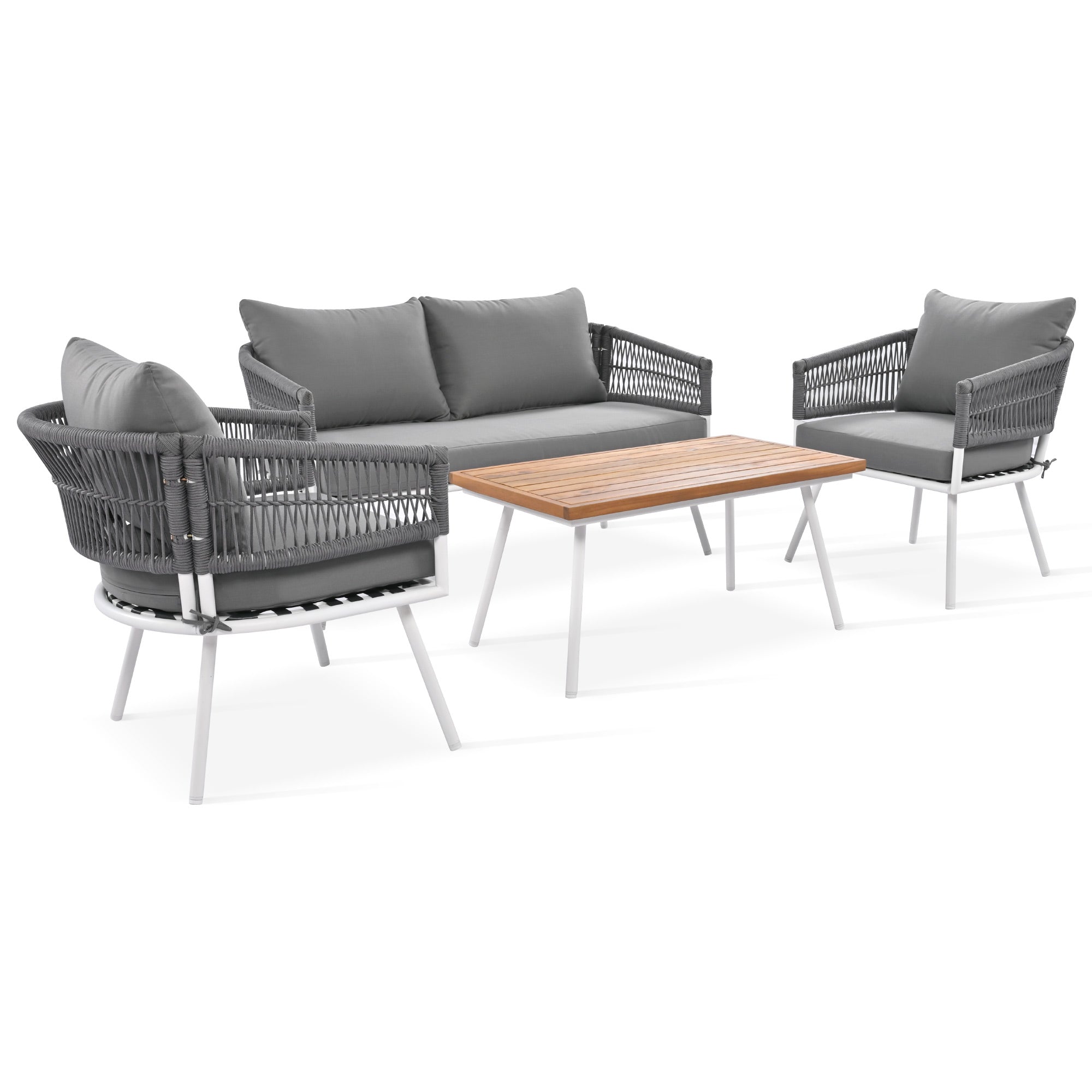 4-Piece Boho Rope Patio Conversation Set with Beige Cushions and Acacia Wood Table