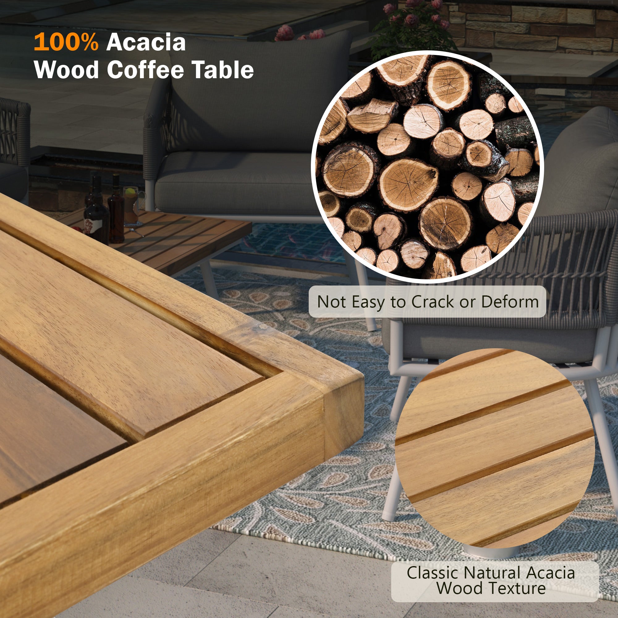 4-Piece Boho Rope Patio Conversation Set with Beige Cushions and Acacia Wood Table