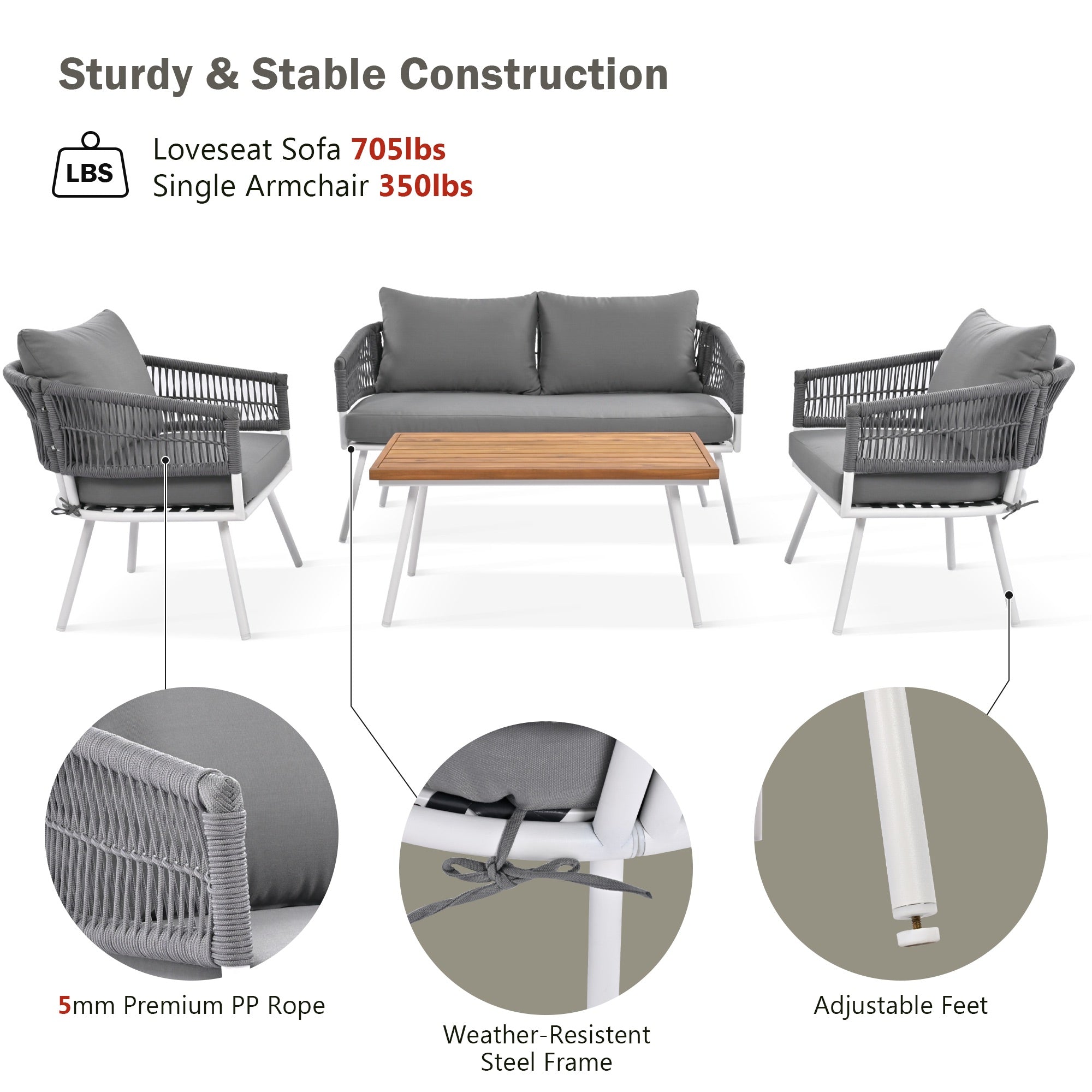 4-Piece Boho Rope Patio Conversation Set with Beige Cushions and Acacia Wood Table