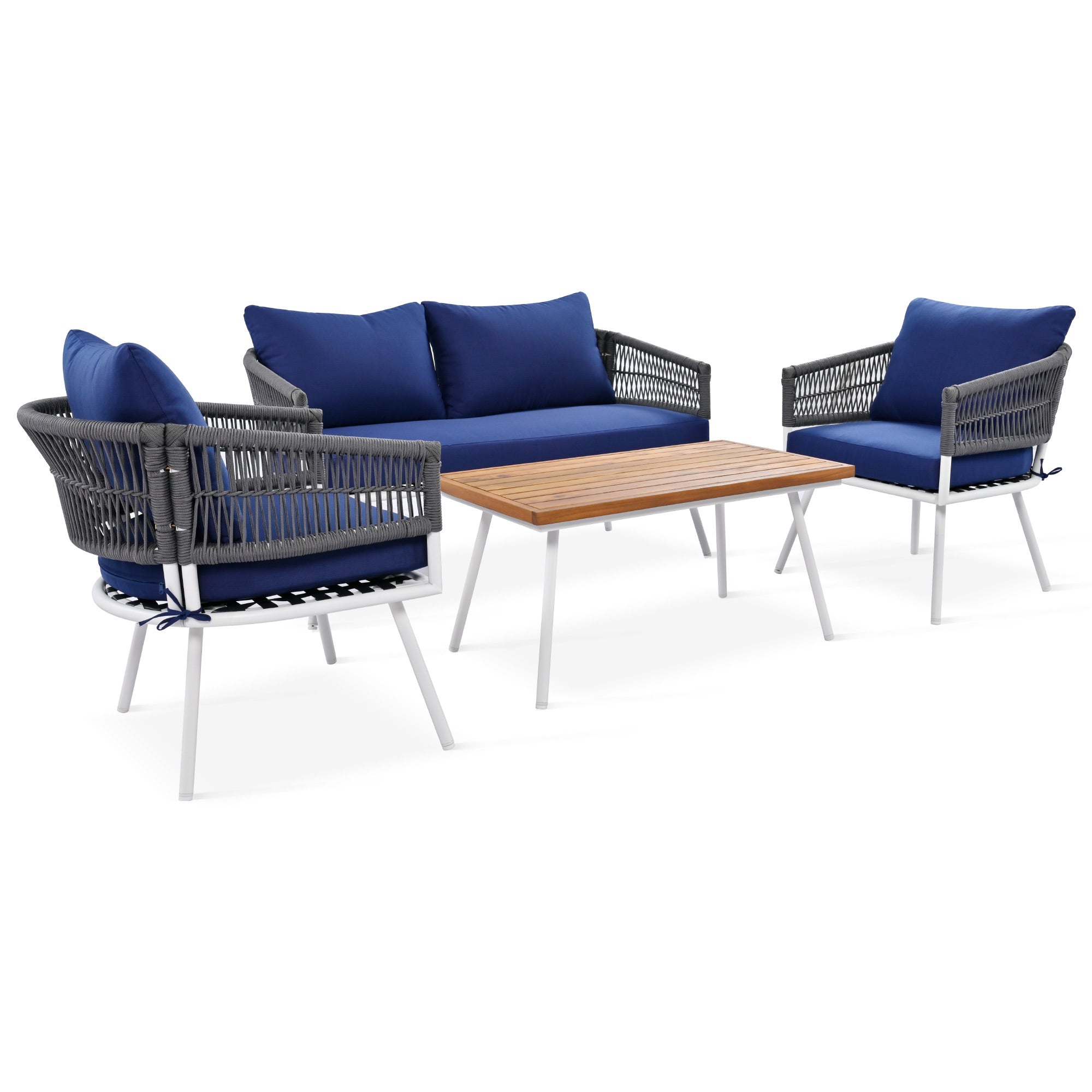 4-Piece Boho Rope Patio Conversation Set with Beige Cushions and Acacia Wood Table