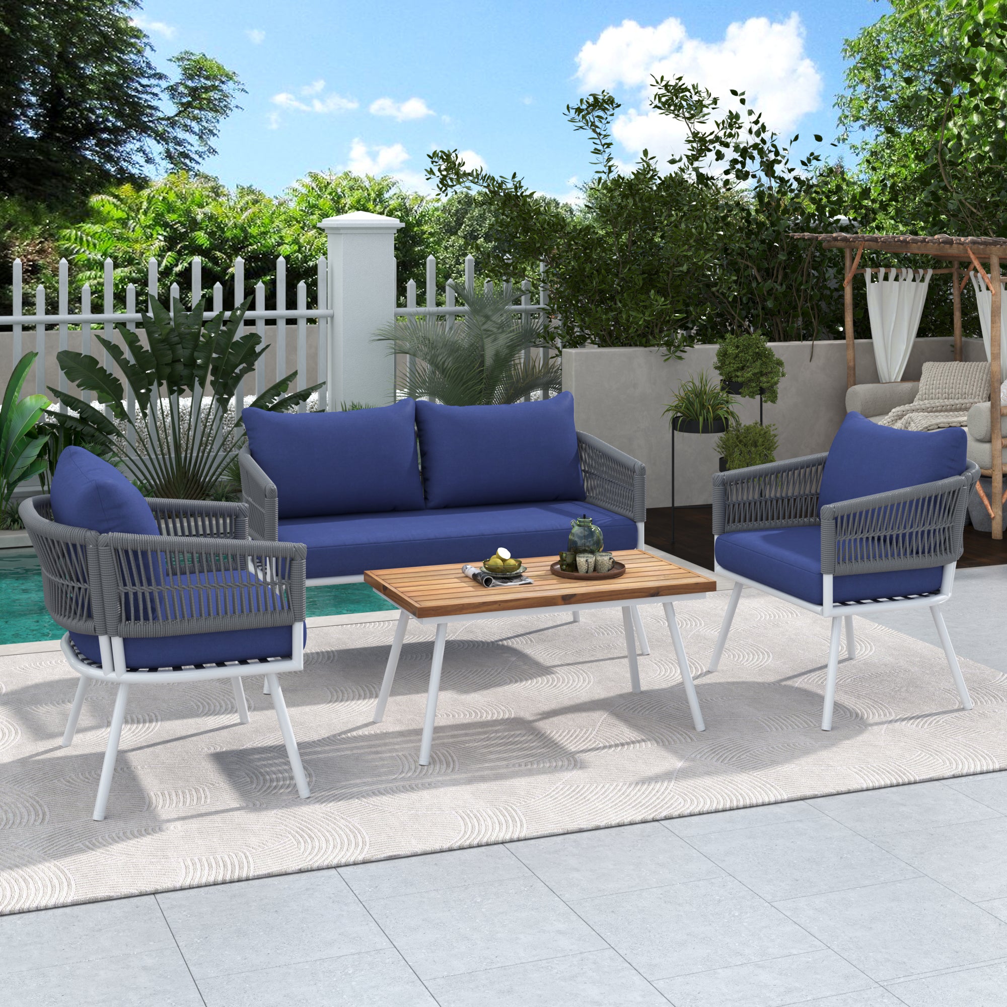 4-Piece Boho Rope Patio Conversation Set with Beige Cushions and Acacia Wood Table