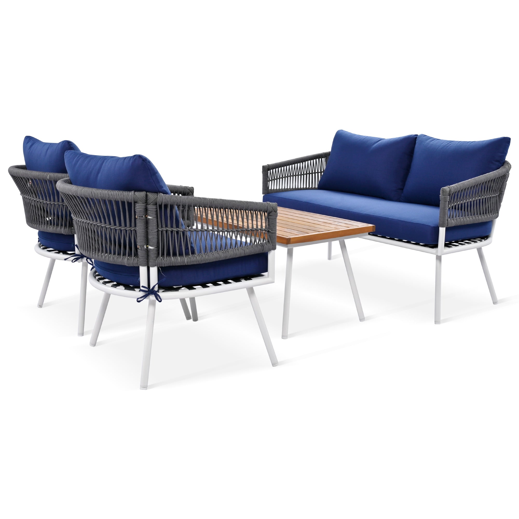 4-Piece Boho Rope Patio Conversation Set with Beige Cushions and Acacia Wood Table