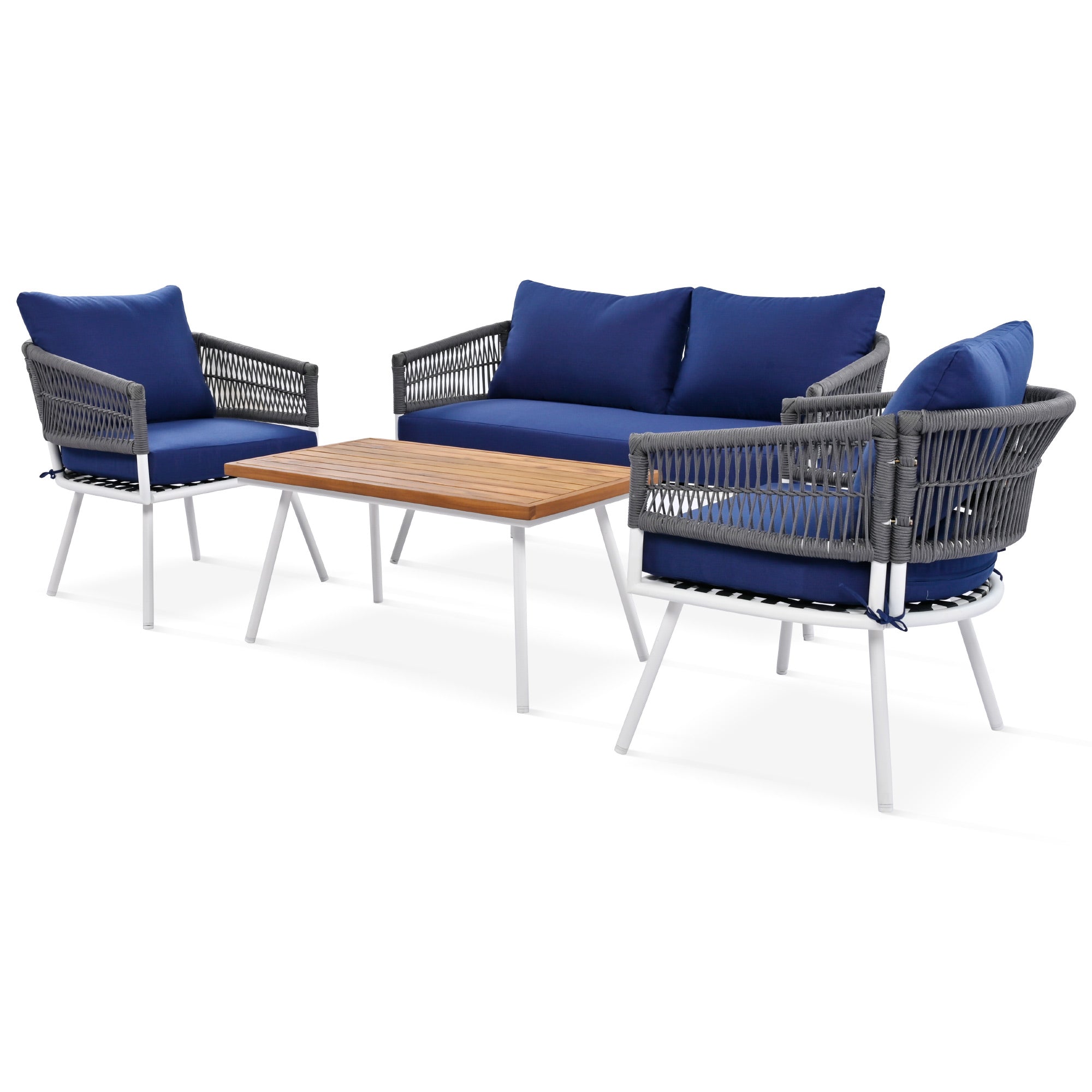 4-Piece Boho Rope Patio Conversation Set with Beige Cushions and Acacia Wood Table