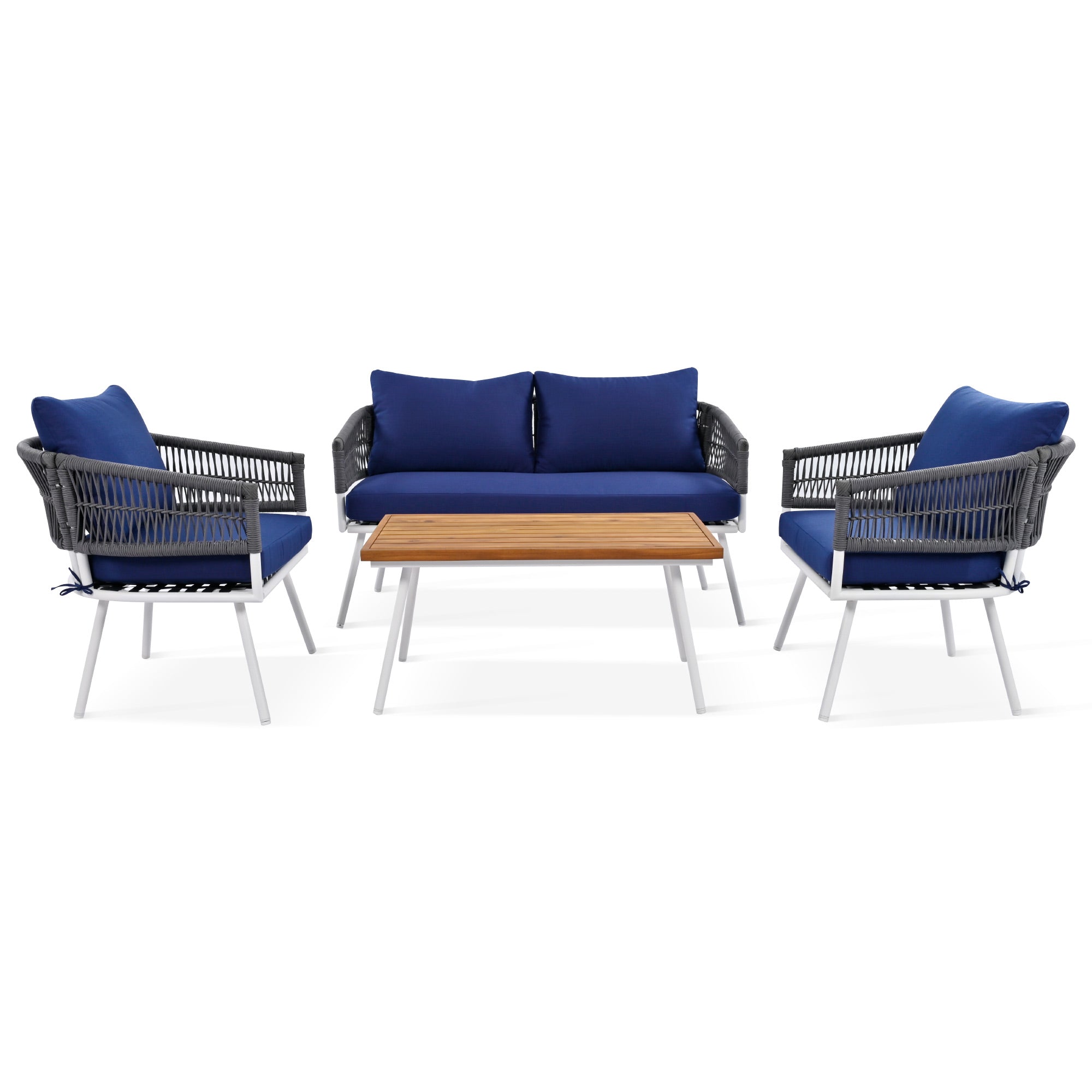 4-Piece Boho Rope Patio Conversation Set with Beige Cushions and Acacia Wood Table