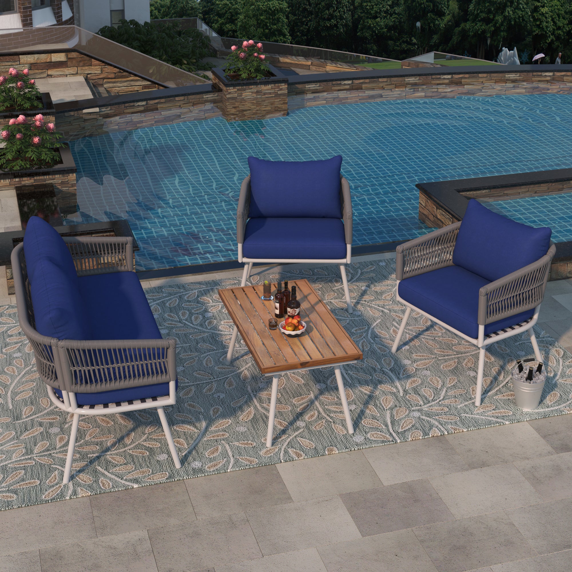 4-Piece Boho Rope Patio Conversation Set with Beige Cushions and Acacia Wood Table