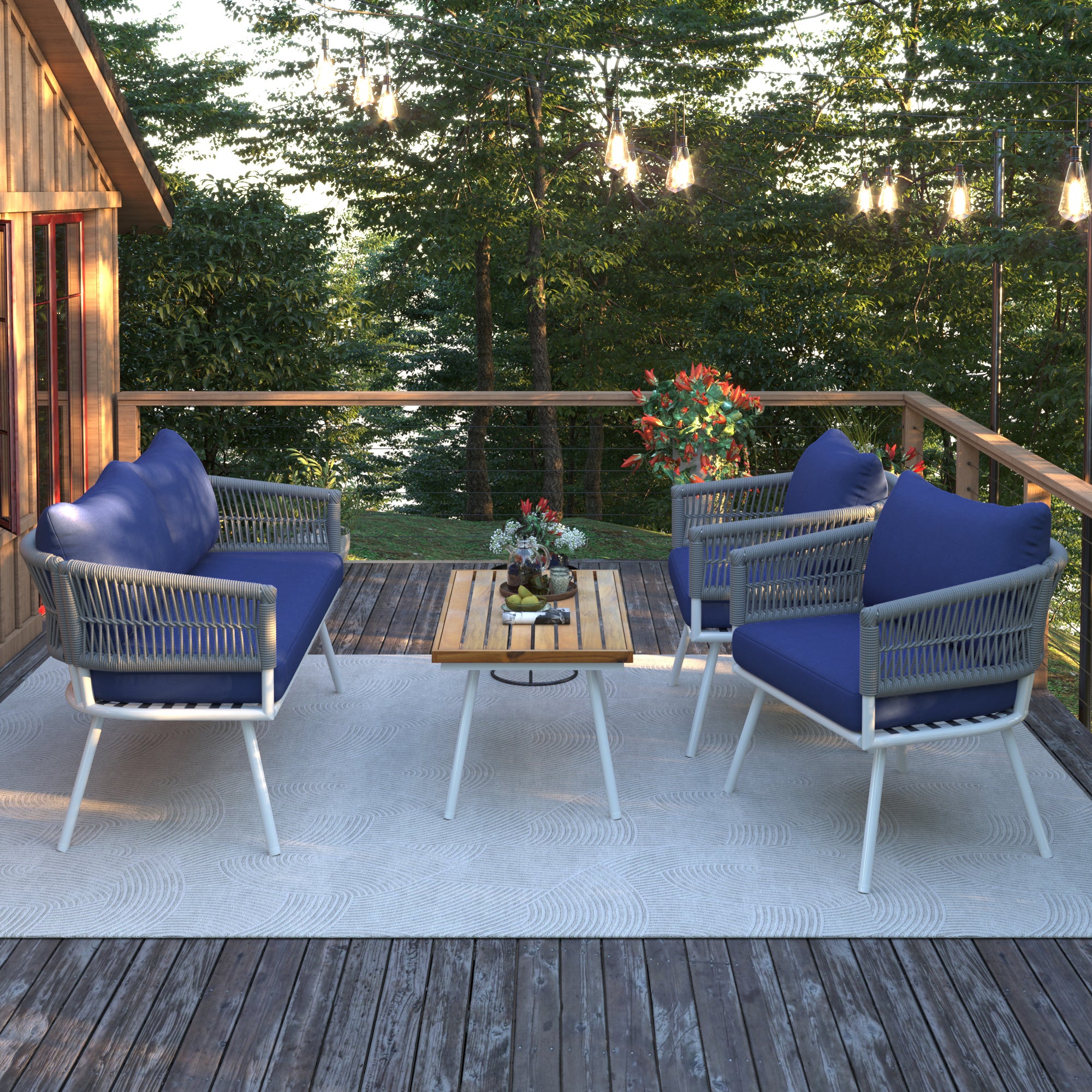 4-Piece Boho Rope Patio Conversation Set with Beige Cushions and Acacia Wood Table