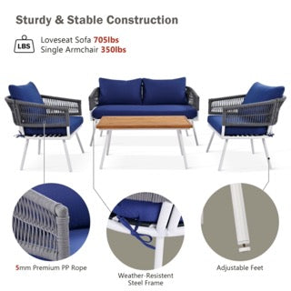 4-Piece Boho Rope Patio Conversation Set with Beige Cushions and Acacia Wood Table