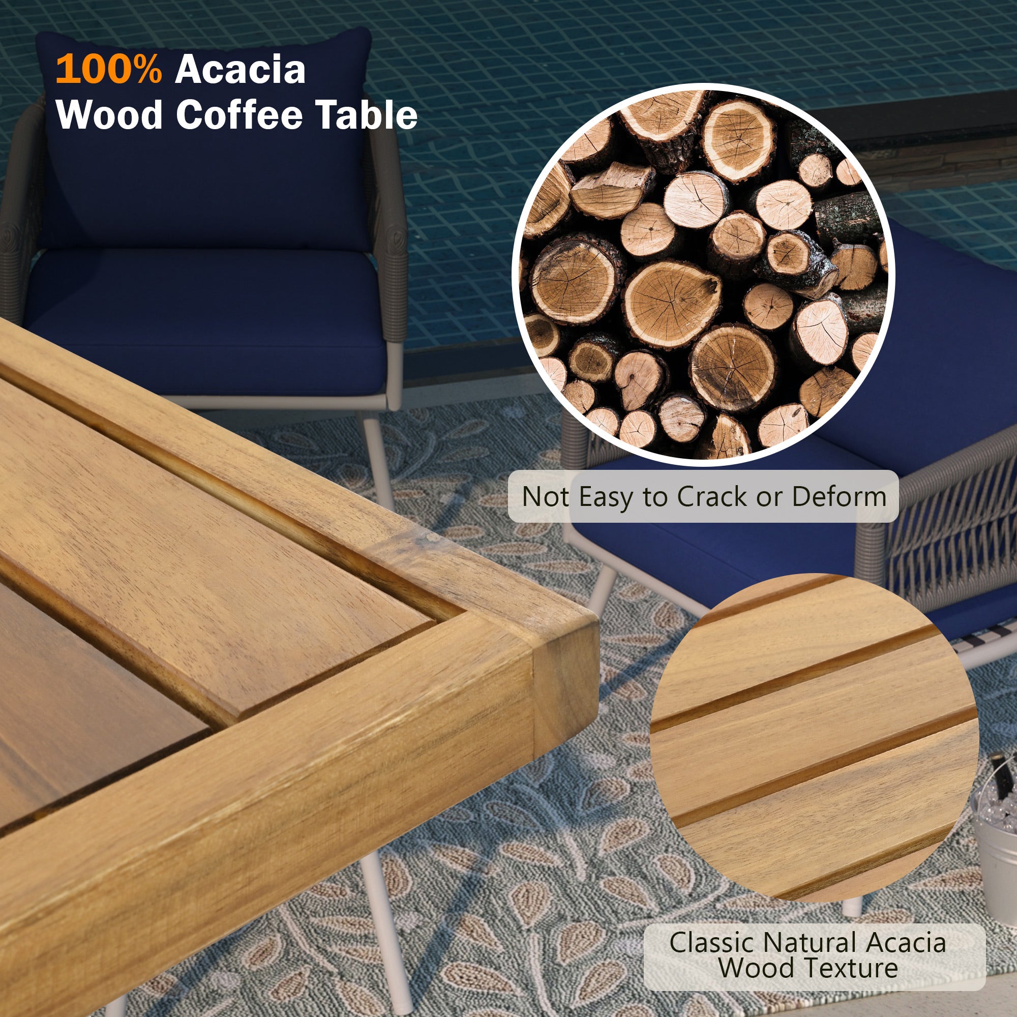 4-Piece Boho Rope Patio Conversation Set with Beige Cushions and Acacia Wood Table