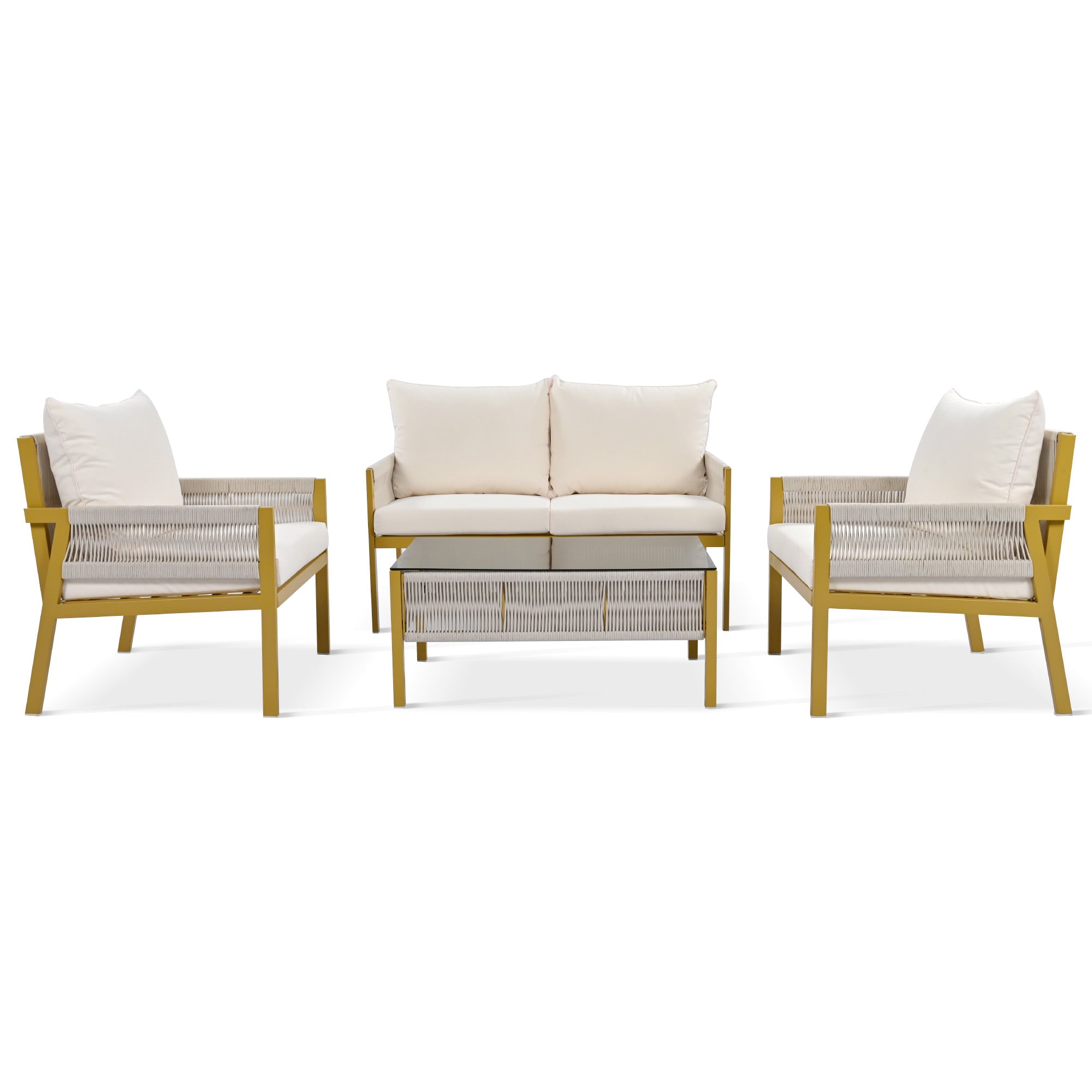 4-Piece Boho Rope Patio Conversation Set with Beige Cushions and Tempered Glass Table