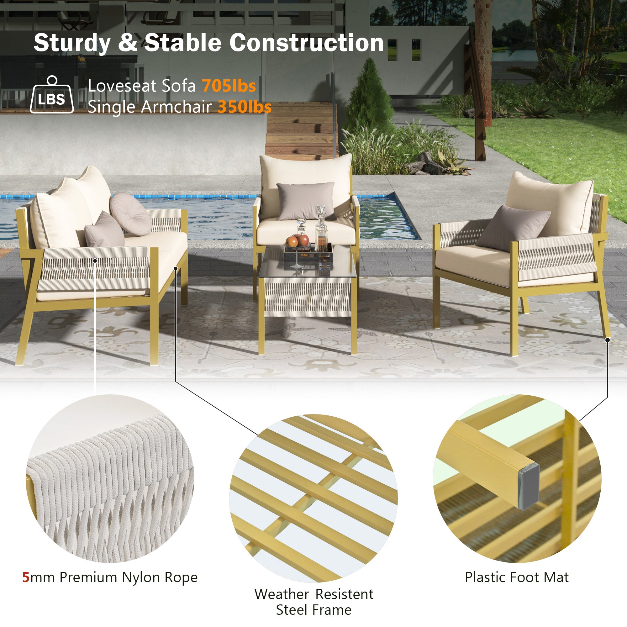 4-Piece Boho Rope Patio Conversation Set with Beige Cushions and Tempered Glass Table