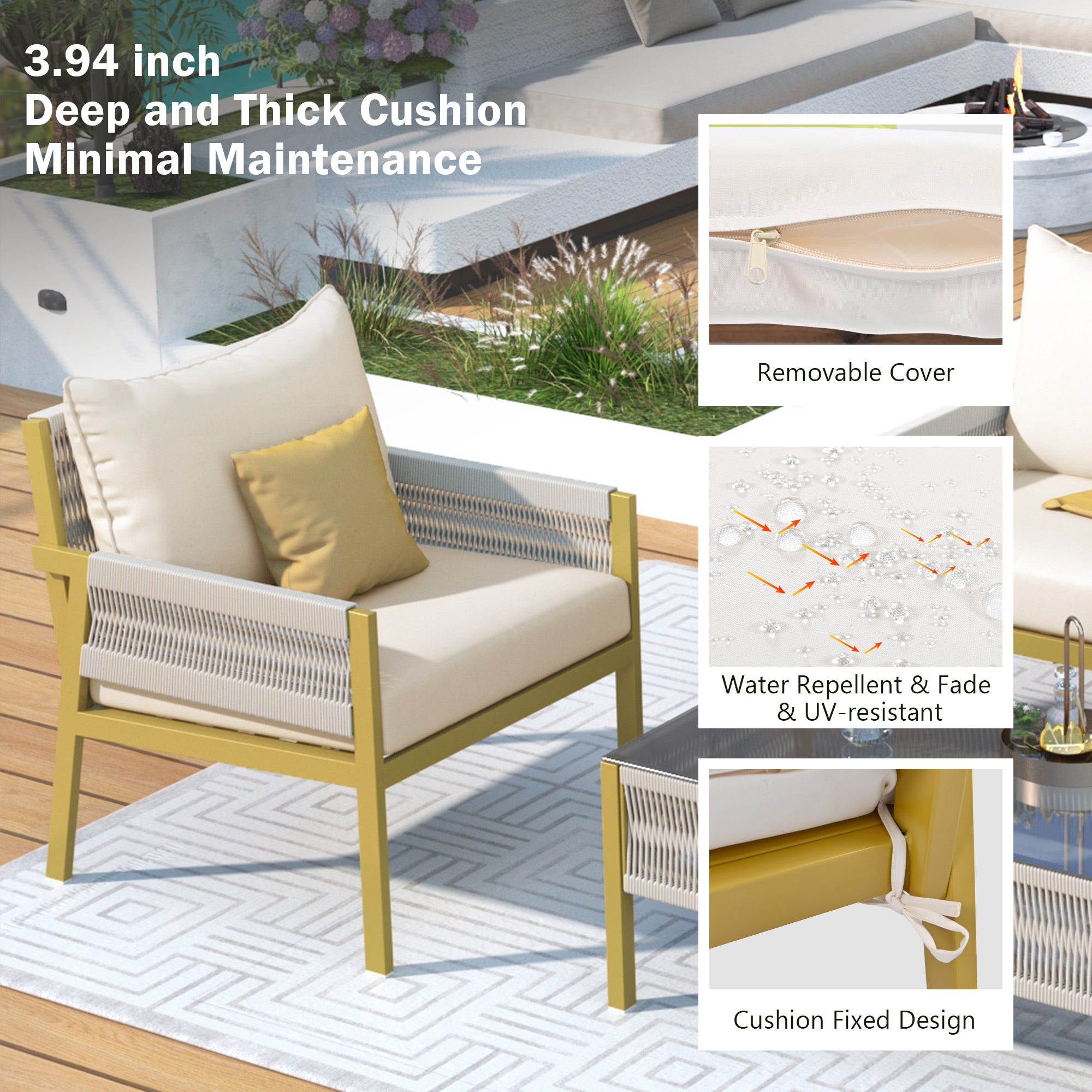 4-Piece Boho Rope Patio Conversation Set with Beige Cushions and Tempered Glass Table