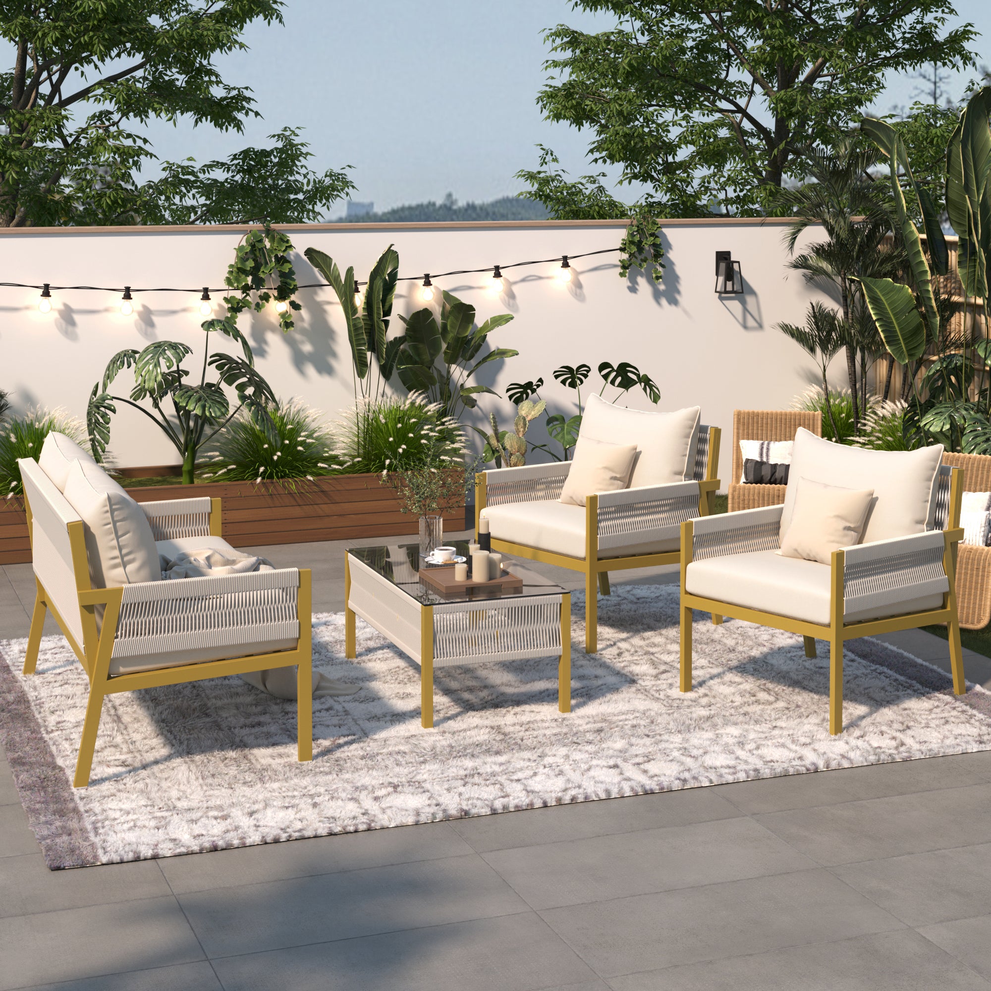 4-Piece Boho Rope Patio Conversation Set with Beige Cushions and Tempered Glass Table