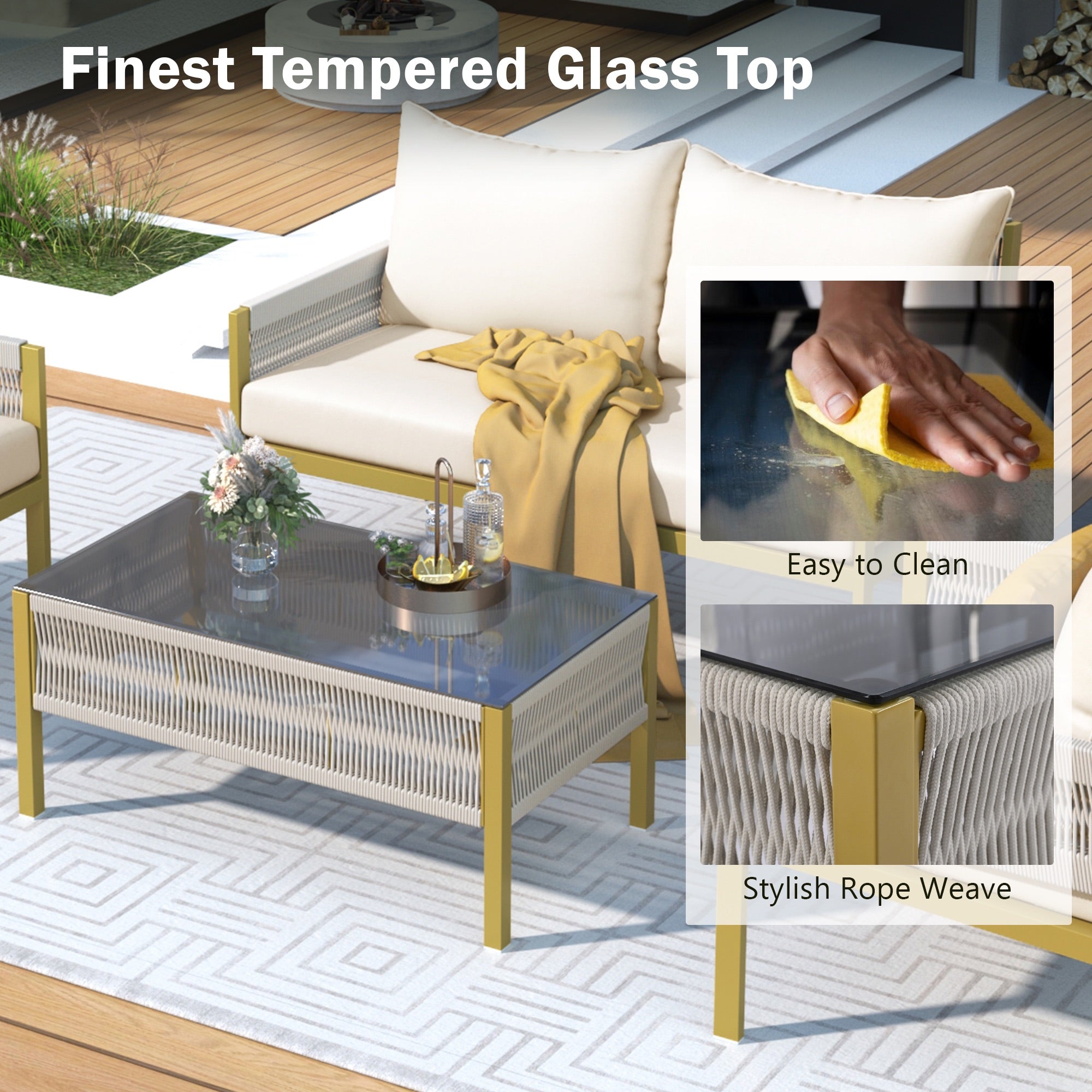 4-Piece Boho Rope Patio Conversation Set with Beige Cushions and Tempered Glass Table
