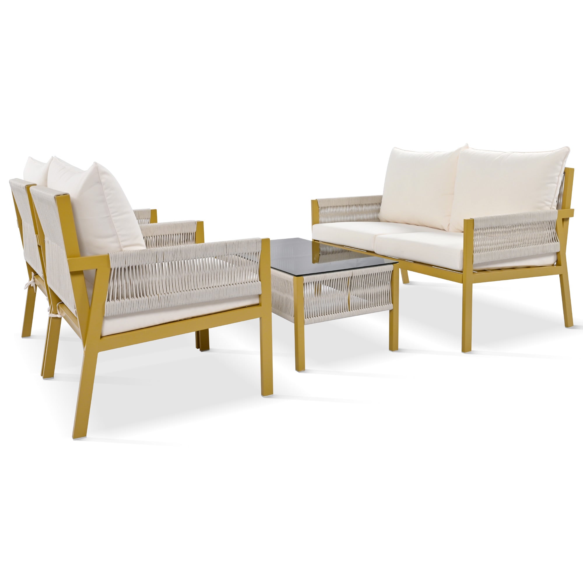 4-Piece Boho Rope Patio Conversation Set with Beige Cushions and Tempered Glass Table