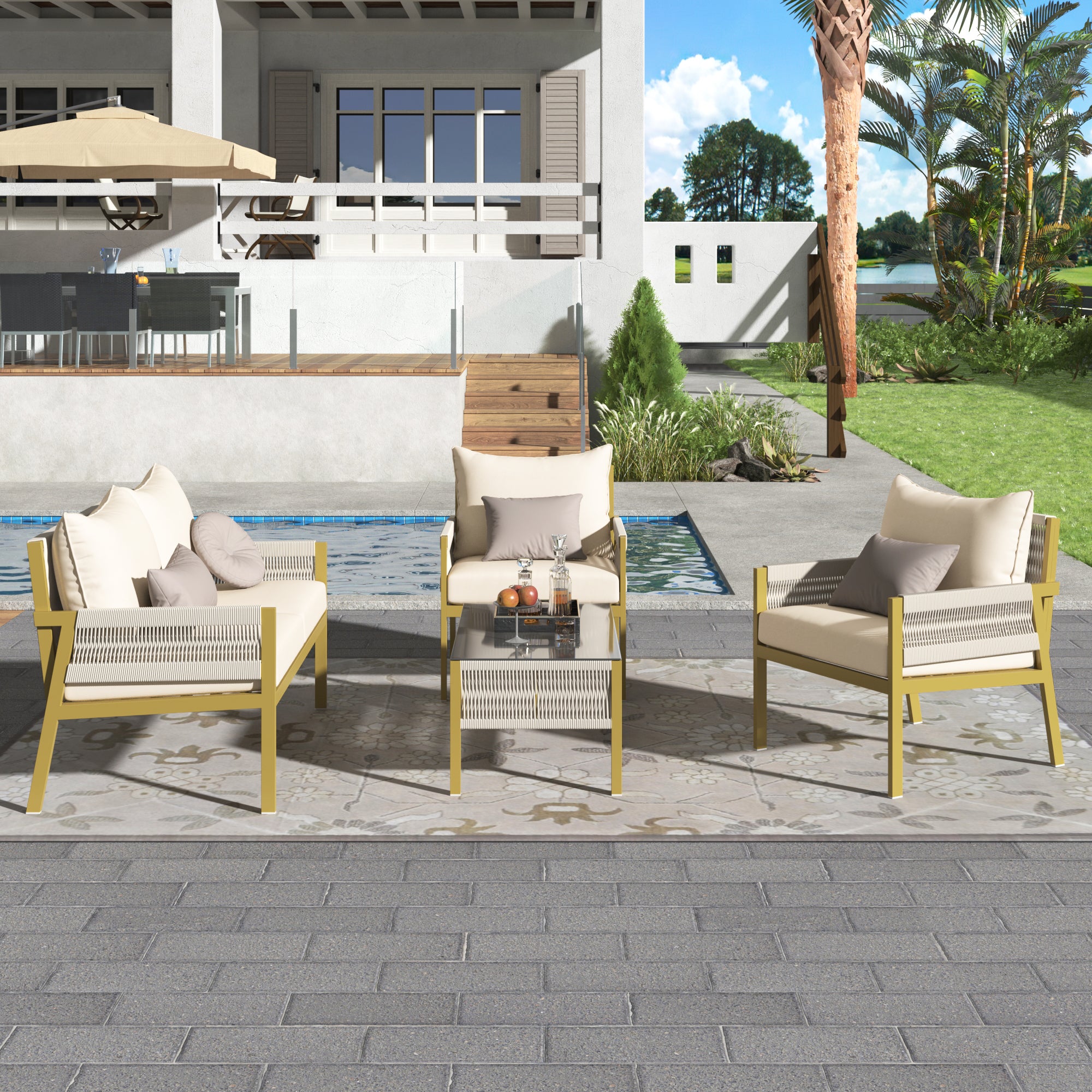 4-Piece Boho Rope Patio Conversation Set with Beige Cushions and Tempered Glass Table
