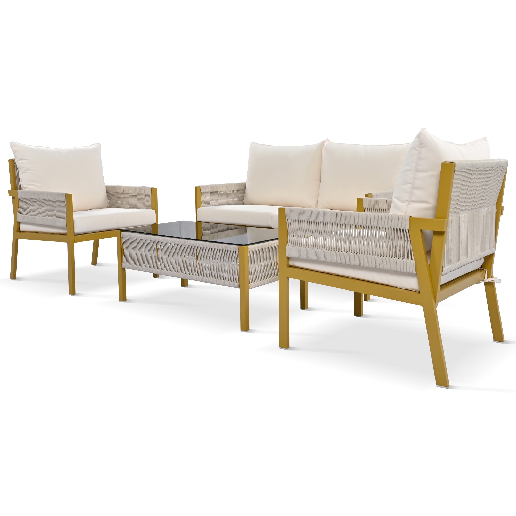 4-Piece Boho Rope Patio Conversation Set with Beige Cushions and Tempered Glass Table
