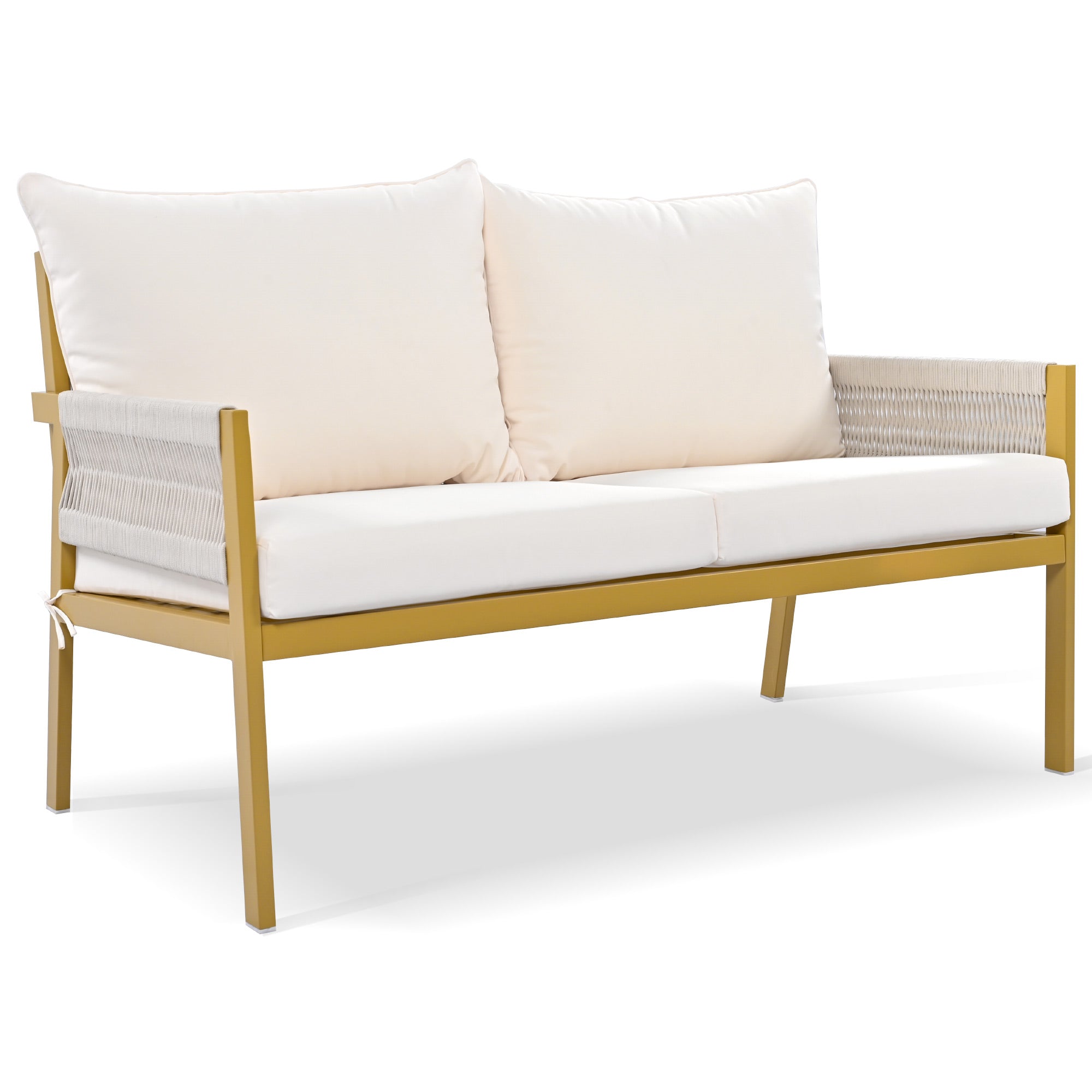 4-Piece Boho Rope Patio Conversation Set with Beige Cushions and Tempered Glass Table