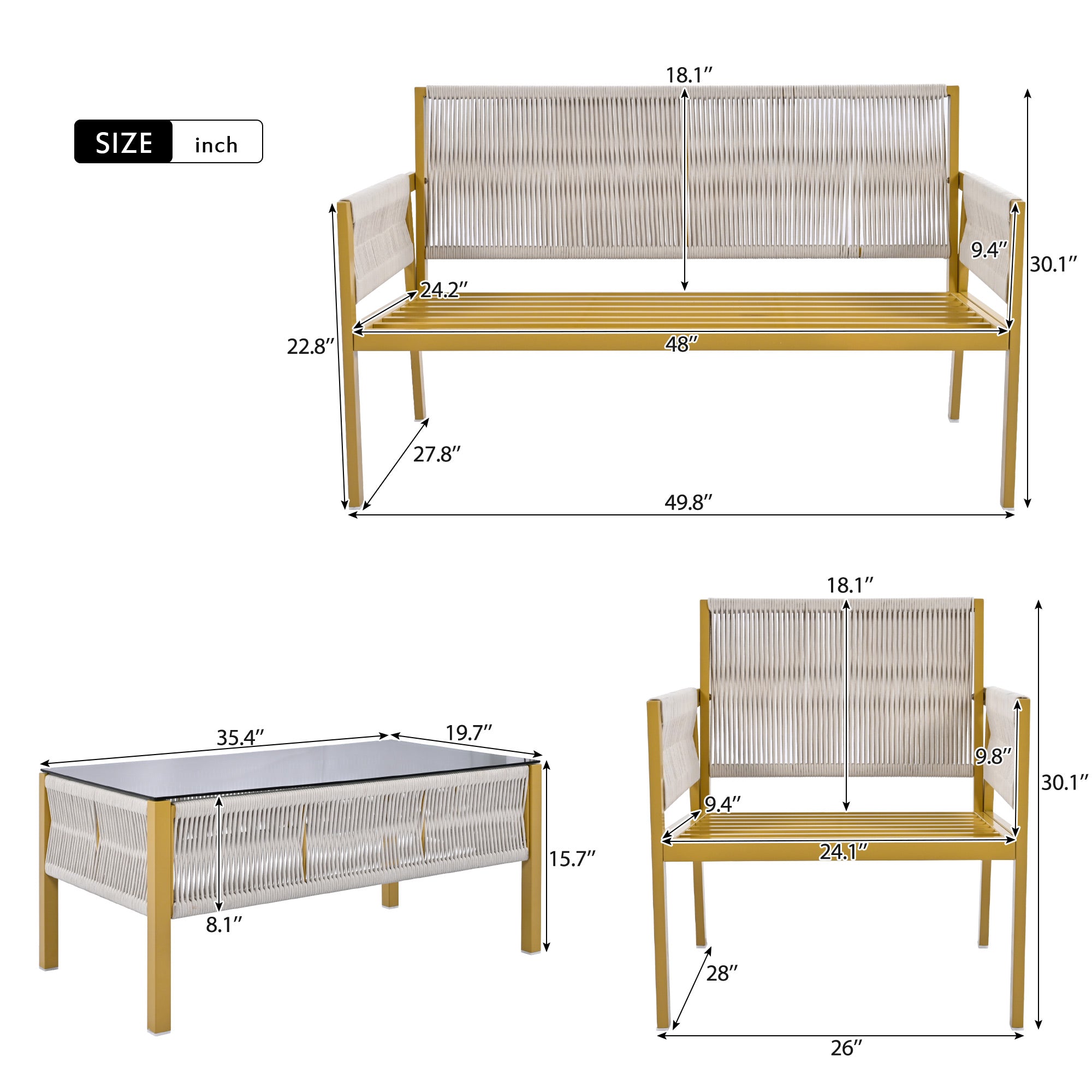 4-Piece Boho Rope Patio Conversation Set with Beige Cushions and Tempered Glass Table