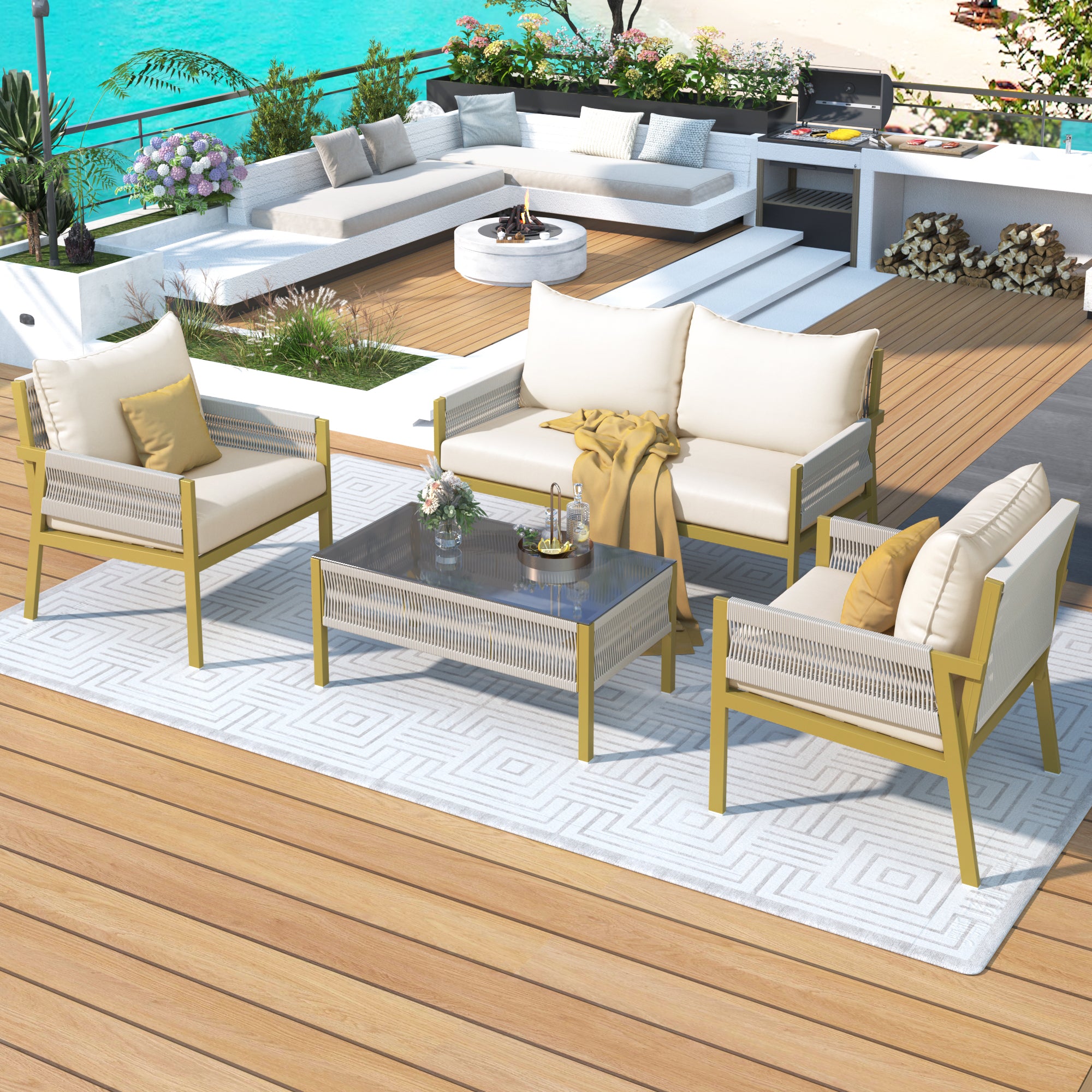 4-Piece Boho Rope Patio Conversation Set with Beige Cushions and Tempered Glass Table
