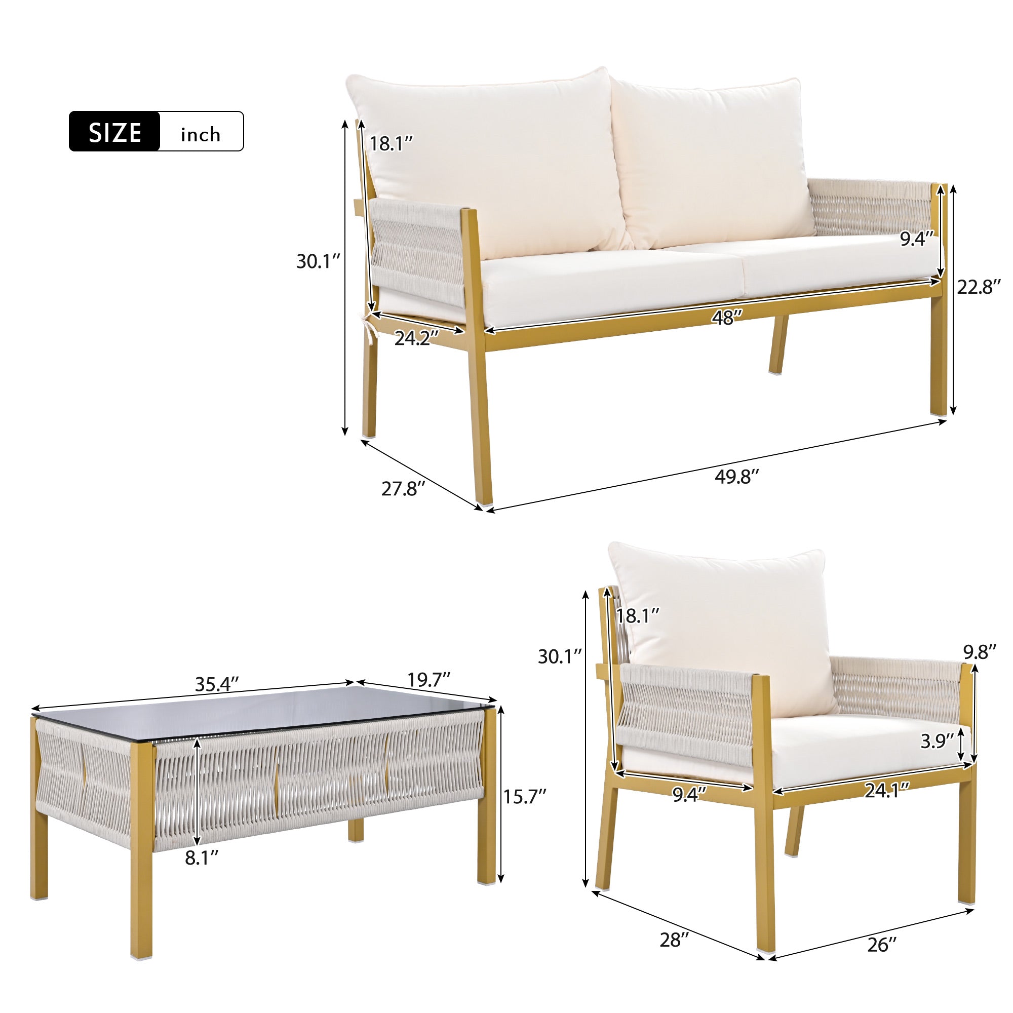 4-Piece Boho Rope Patio Conversation Set with Beige Cushions and Tempered Glass Table
