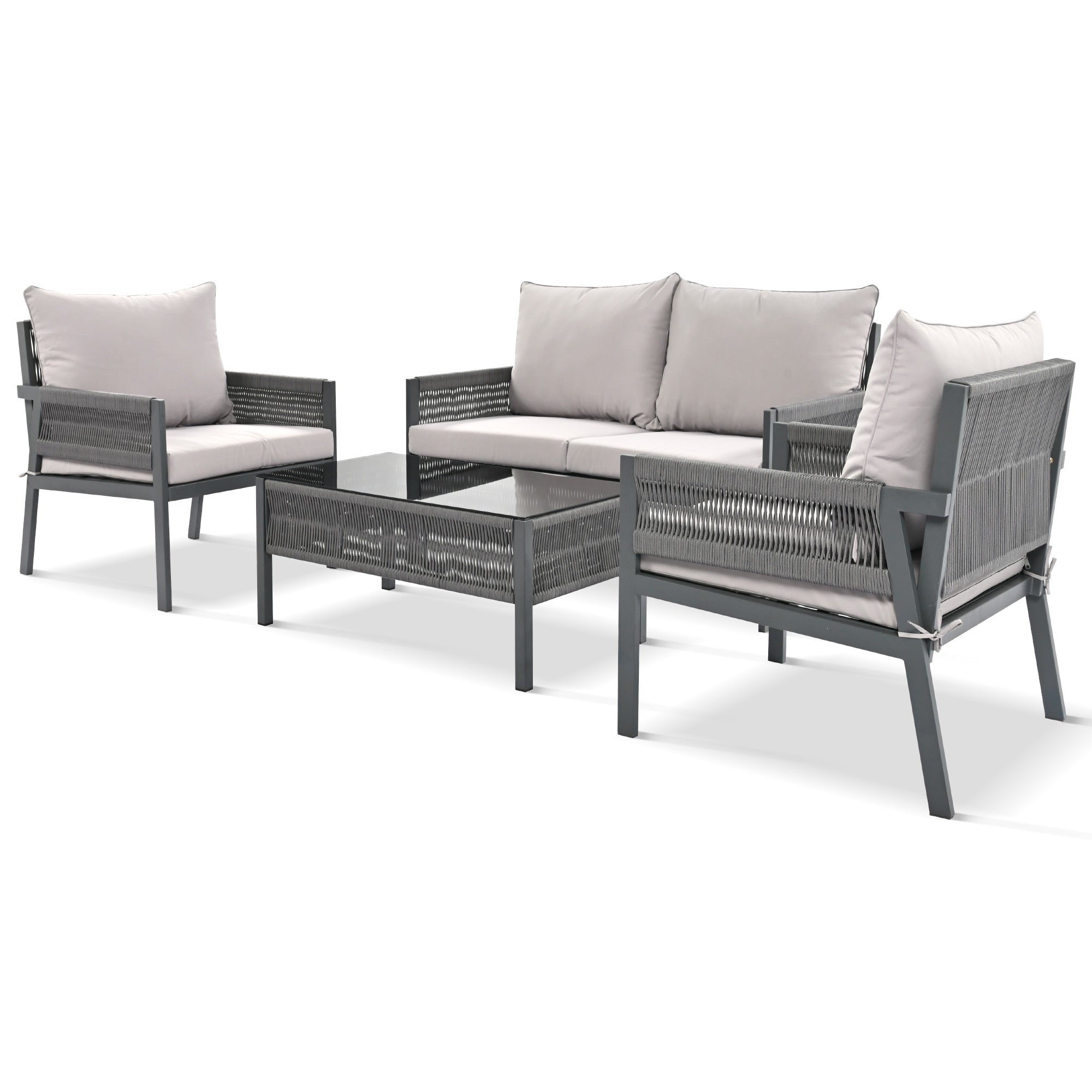 4-Piece Boho Rope Patio Conversation Set with Beige Cushions and Tempered Glass Table