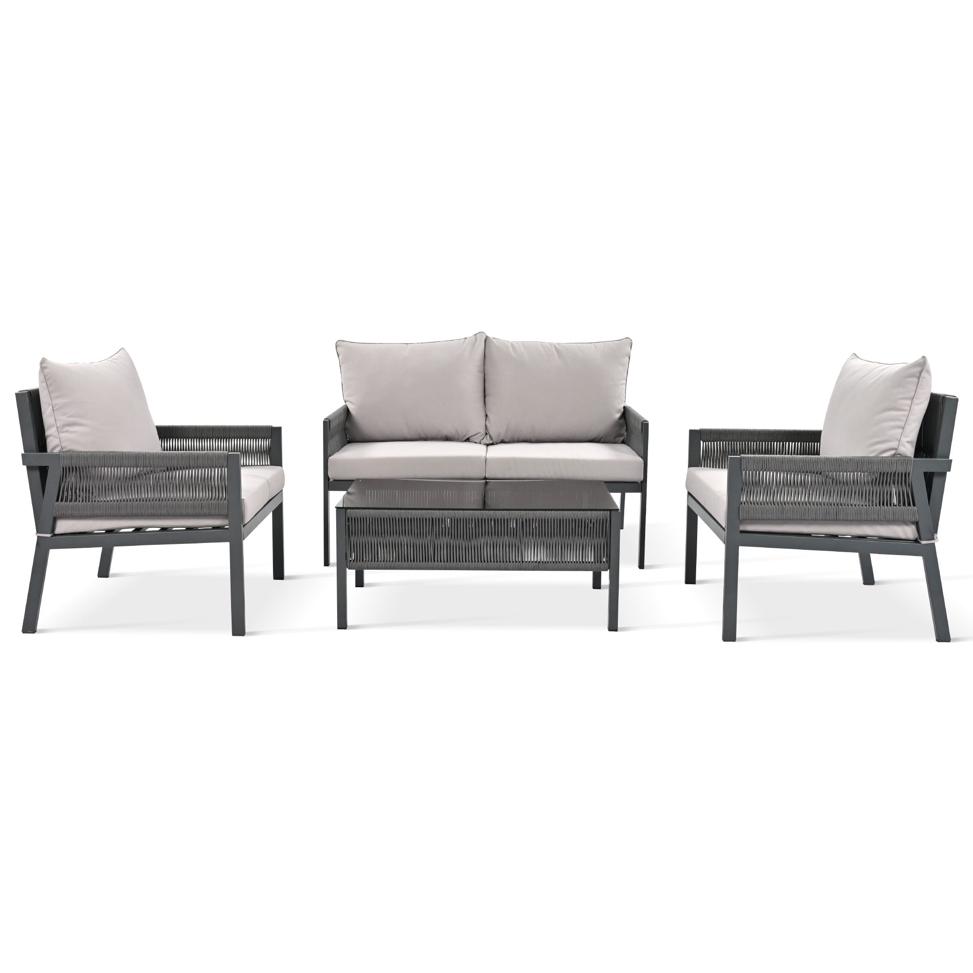 4-Piece Boho Rope Patio Conversation Set with Beige Cushions and Tempered Glass Table