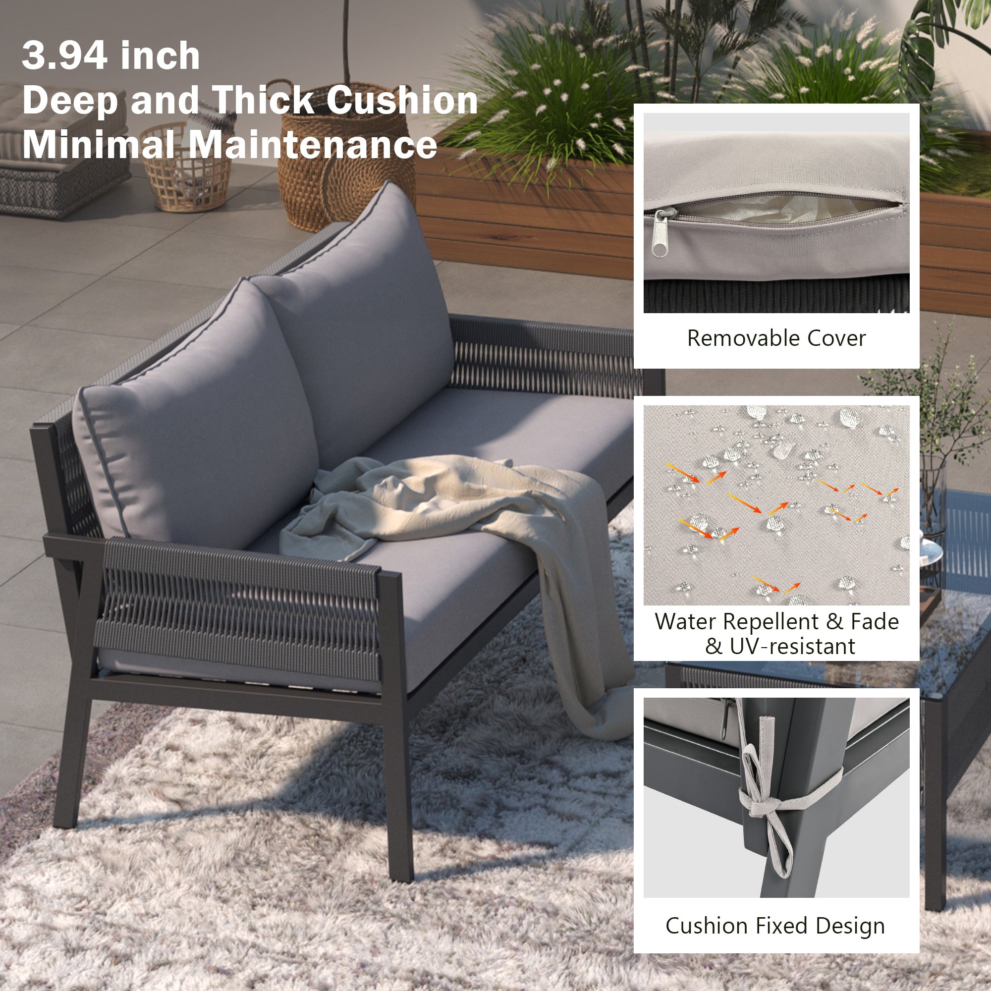 4-Piece Boho Rope Patio Conversation Set with Beige Cushions and Tempered Glass Table