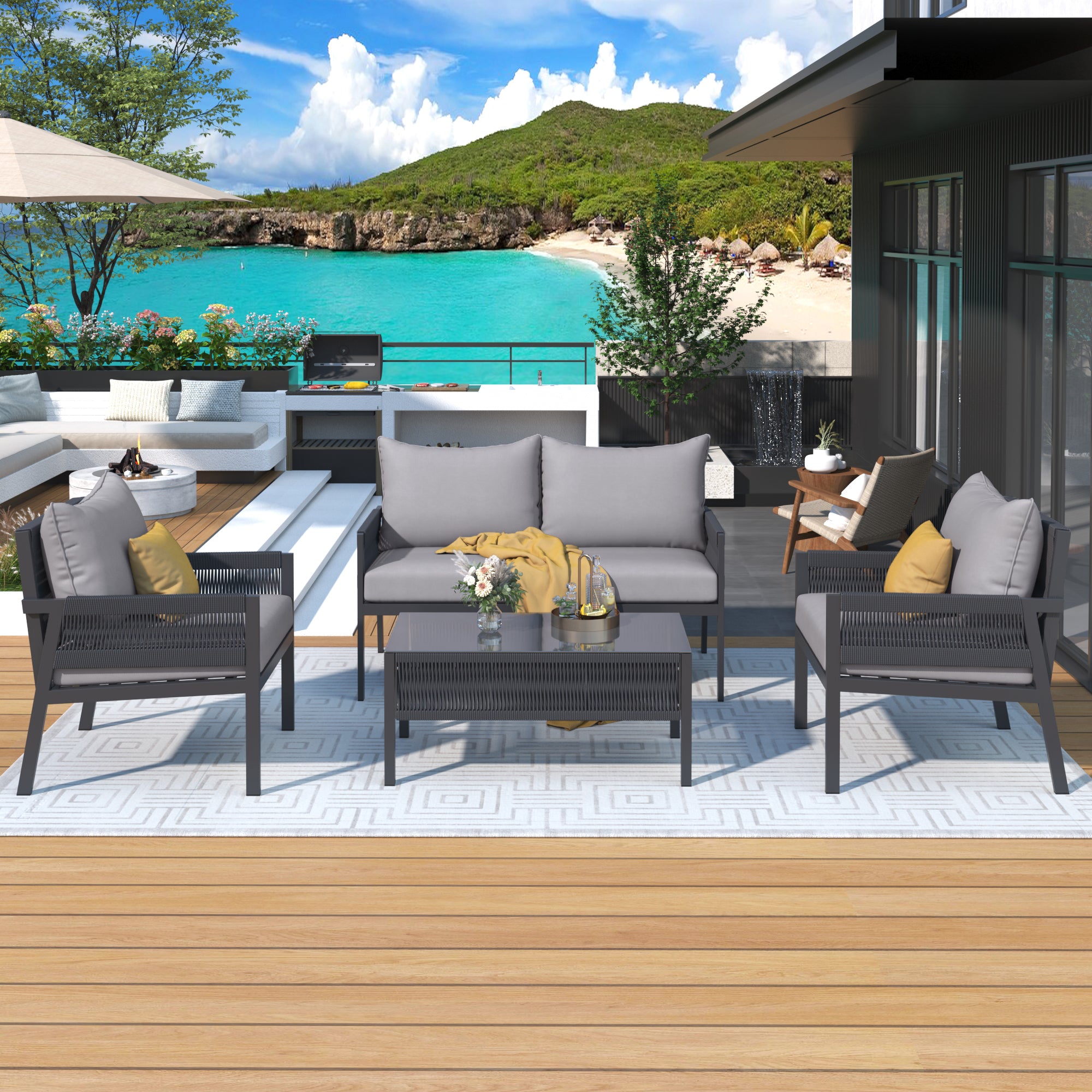 4-Piece Boho Rope Patio Conversation Set with Beige Cushions and Tempered Glass Table