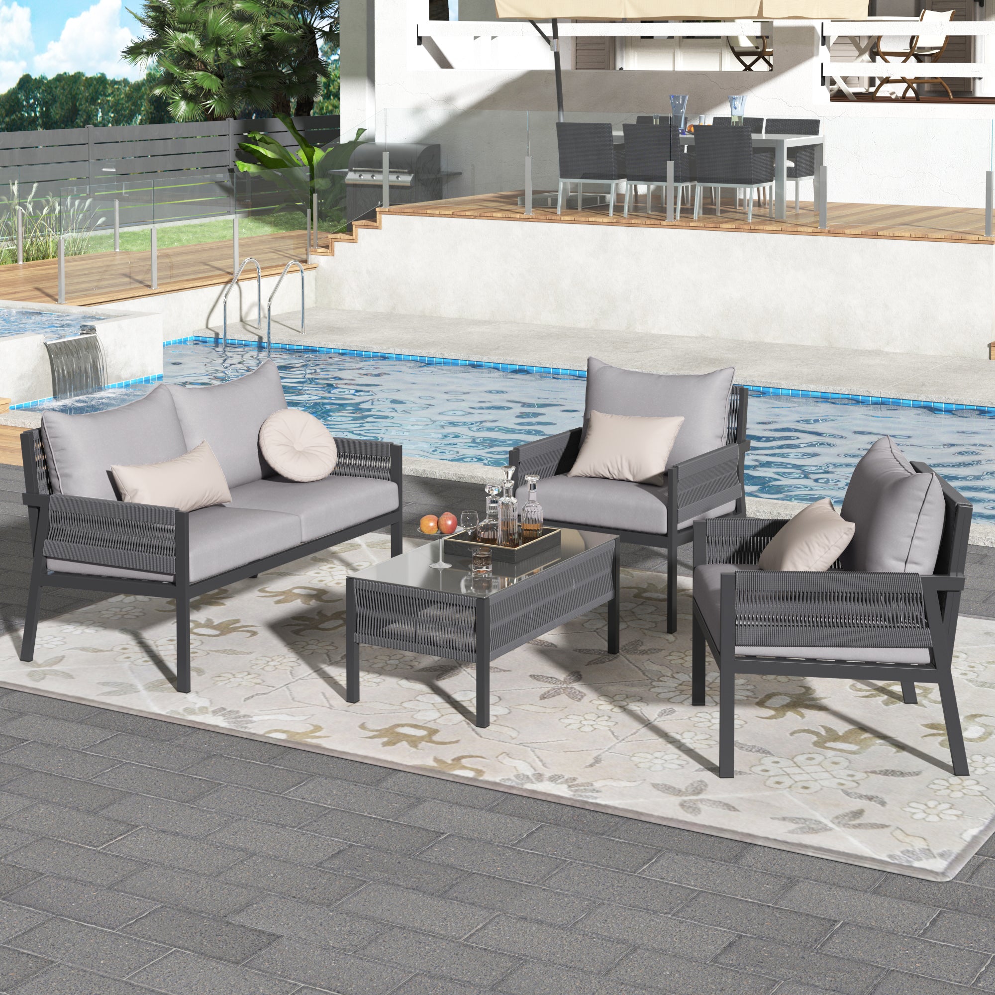 4-Piece Boho Rope Patio Conversation Set with Beige Cushions and Tempered Glass Table